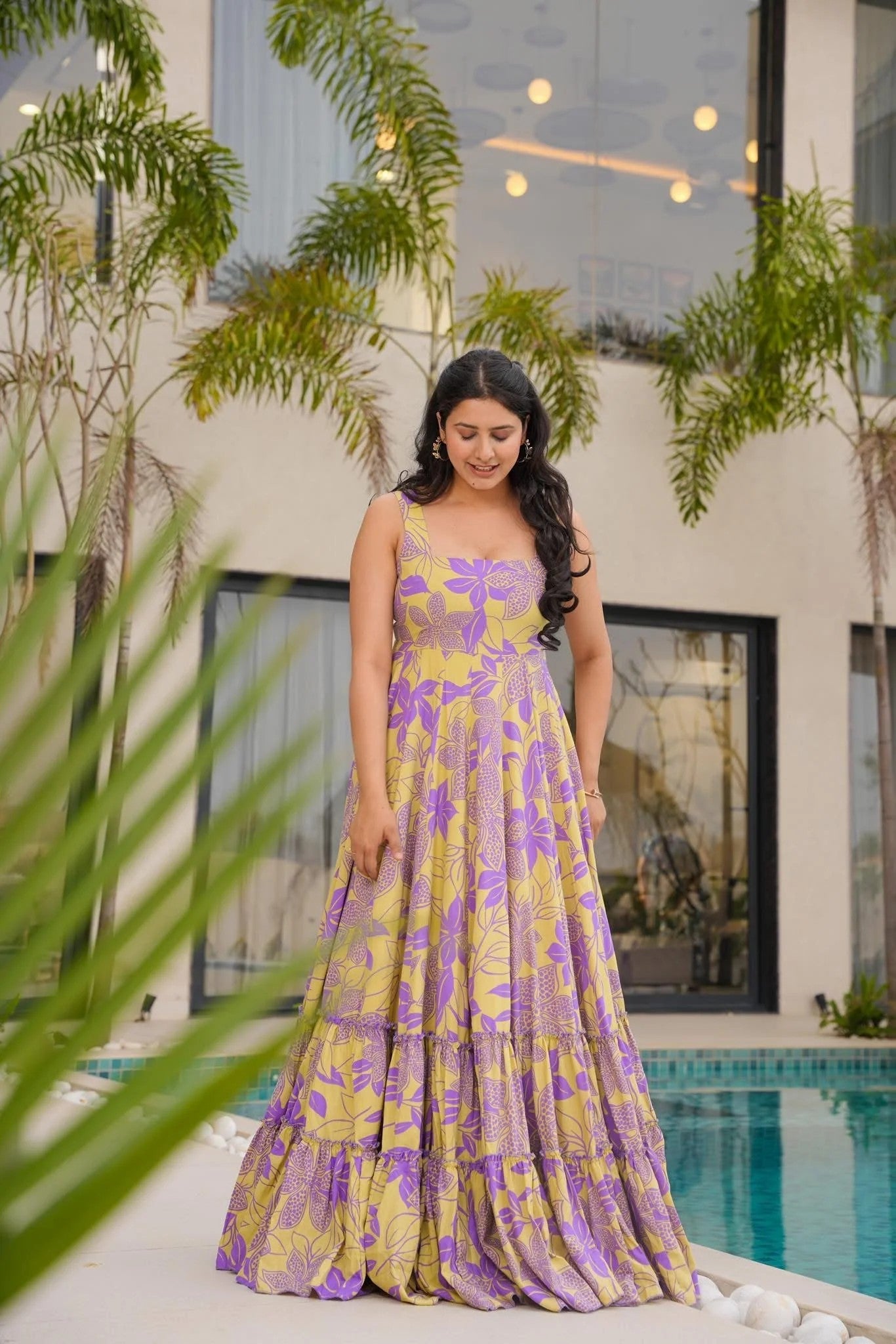 Purple & Yellow Floral Tiered Maxi Dress for Women