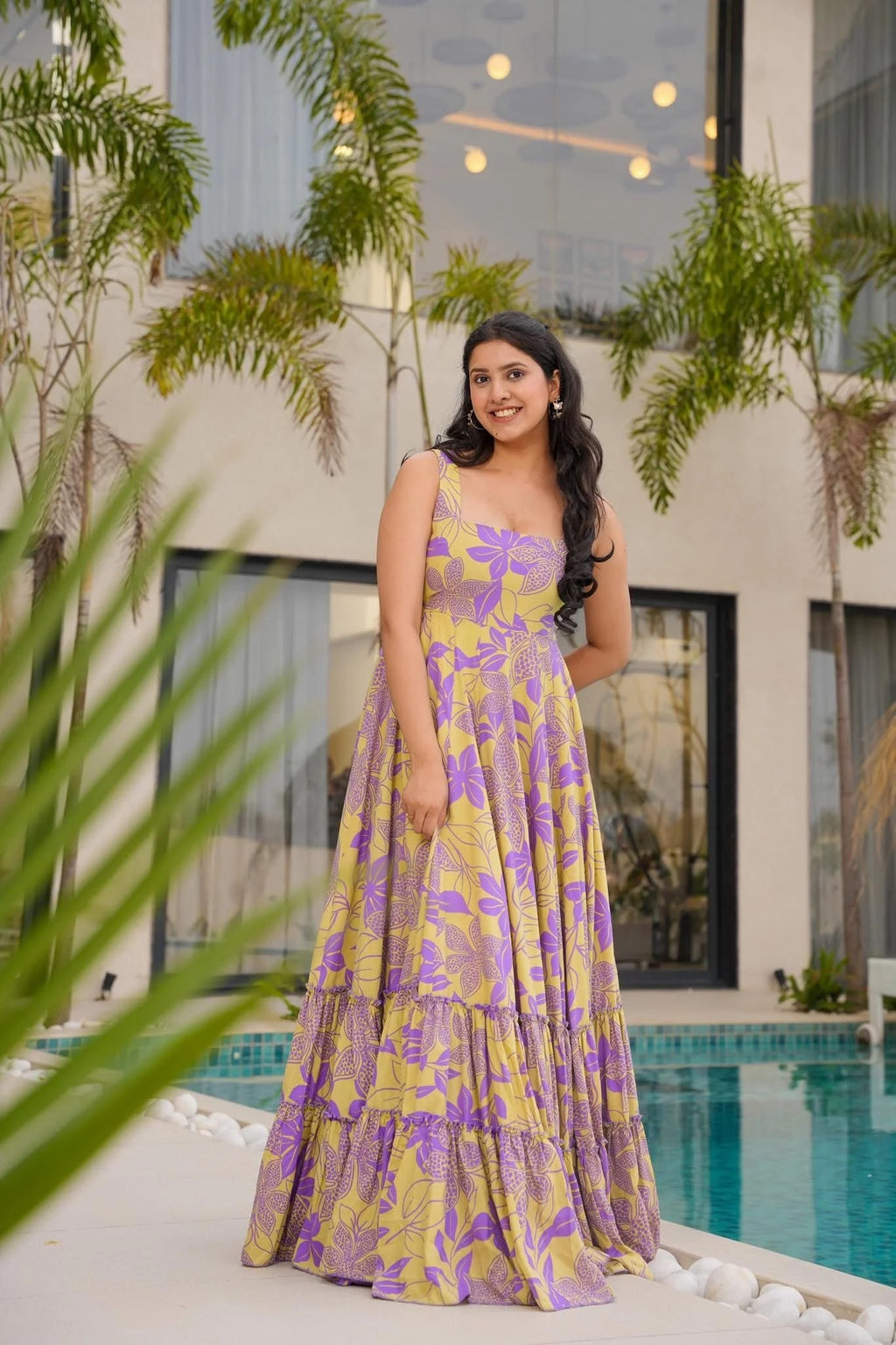Purple & Yellow Floral Tiered Maxi Dress for Women