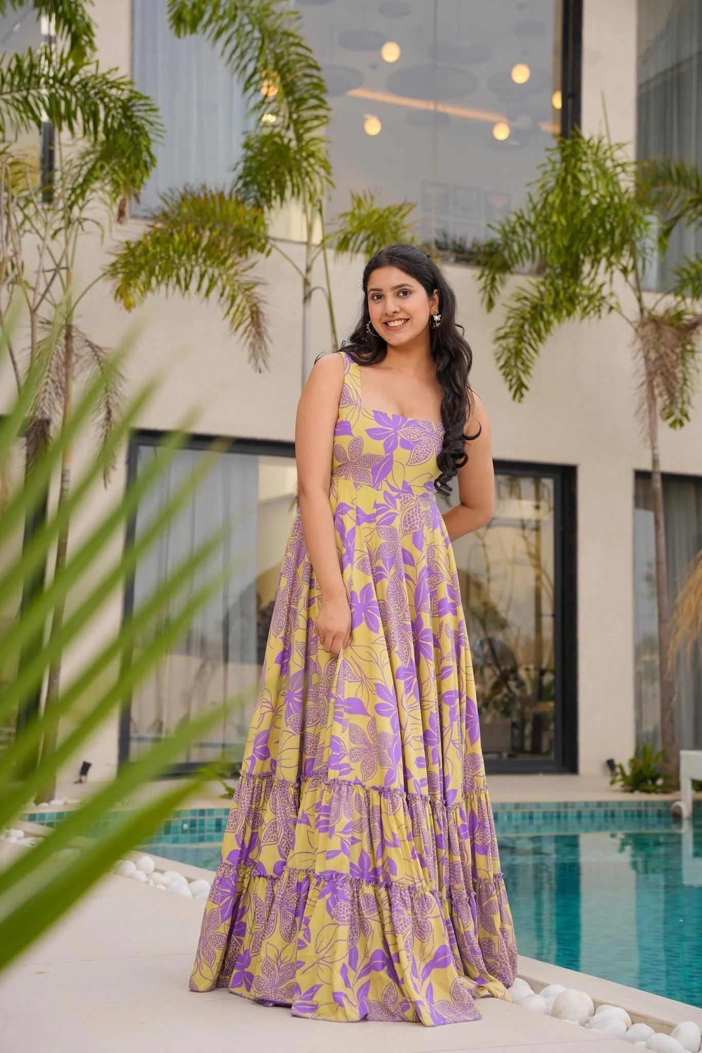Purple & Yellow Floral Tiered Maxi Dress for Women