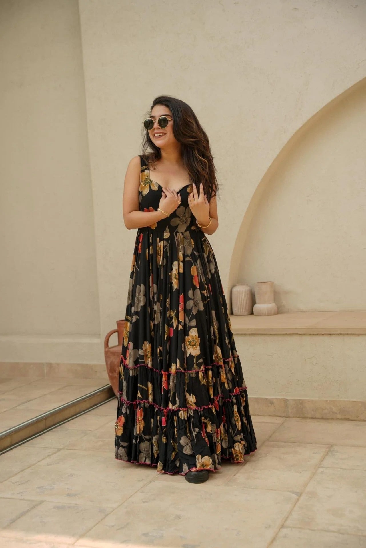 Black Floral Tiered Maxi Dress