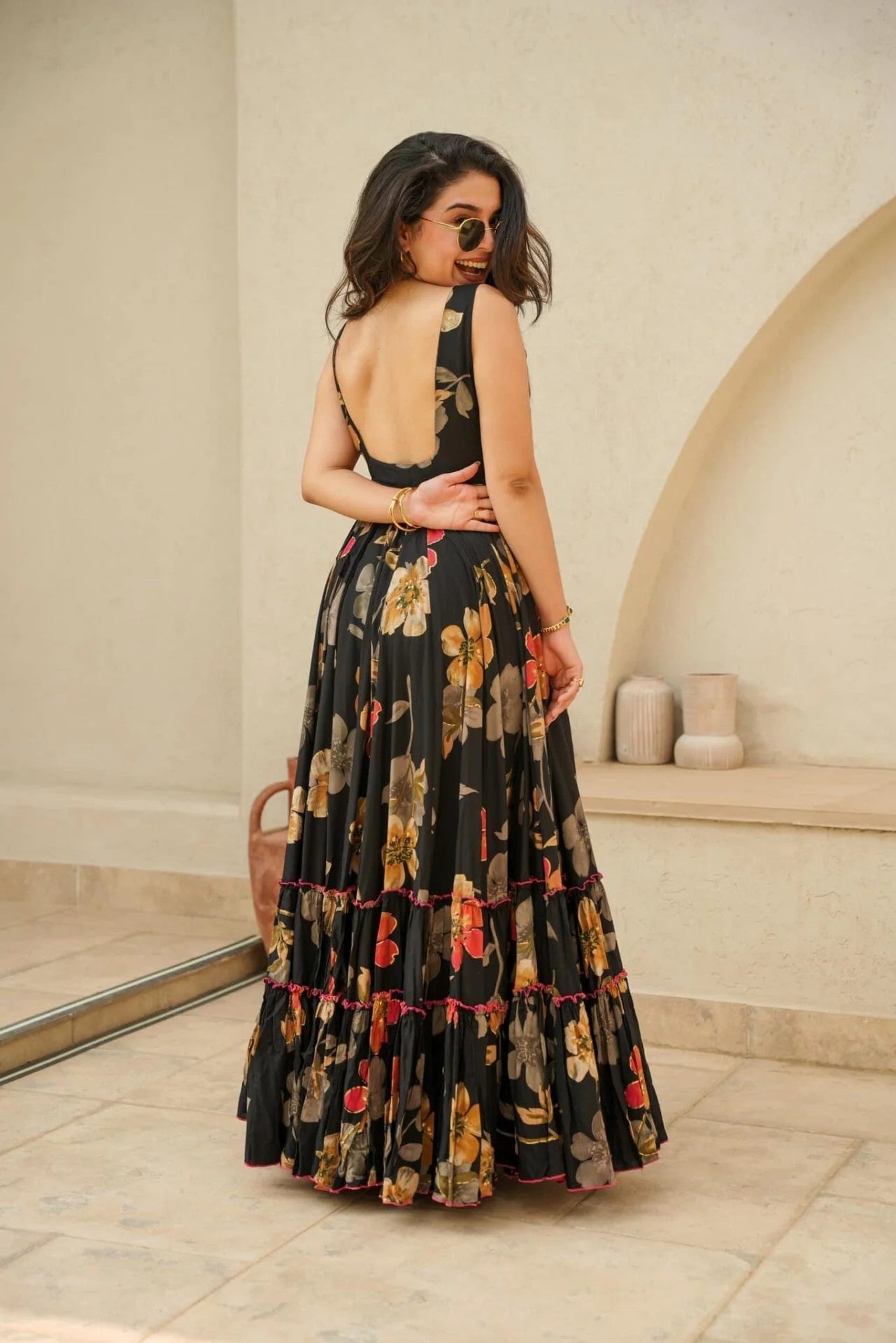 Black Floral Tiered Maxi Dress