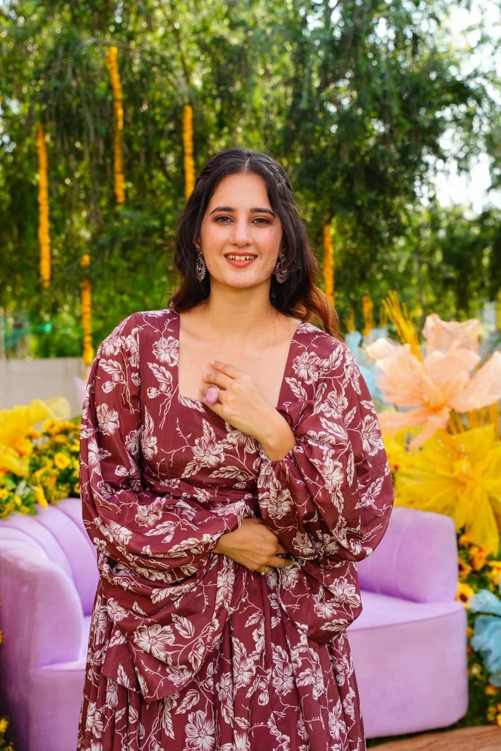 Wine Floral Printed Kurta Set for Women