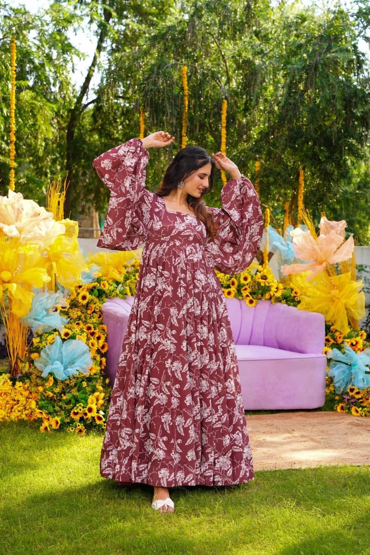 Wine Floral Printed Kurta Set for Women