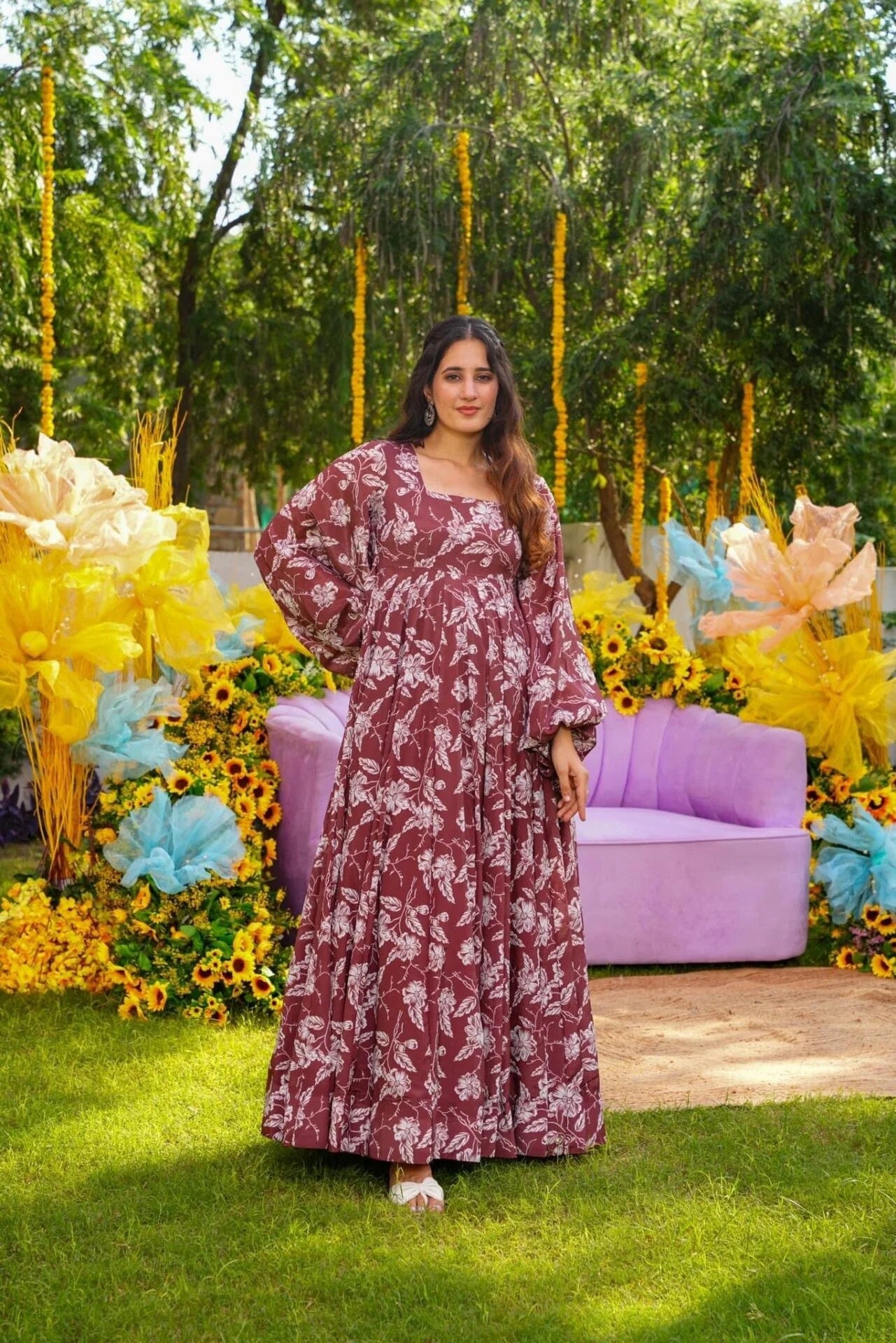 Wine Floral Printed Kurta Set for Women