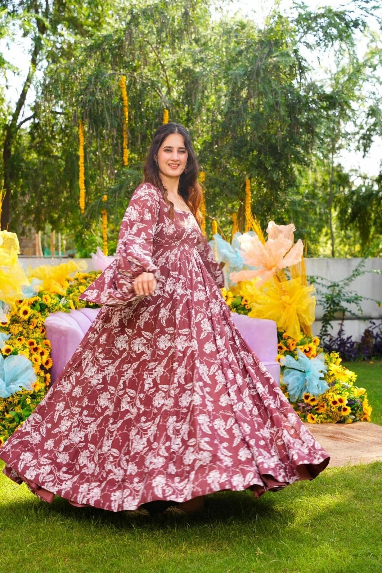 Wine Floral Printed Kurta Set for Women