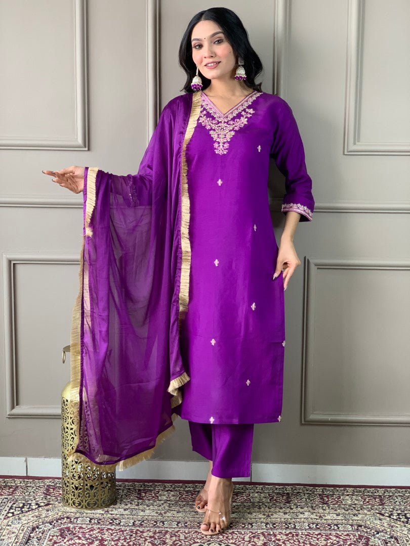 Women Straight Purple Kurta Set