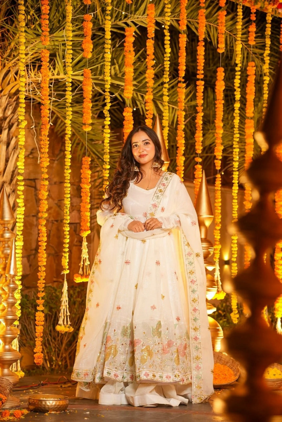 Ivory Floral Anarkali Suit with Dupatta – Elegant Festive & Wedding Wear for Women