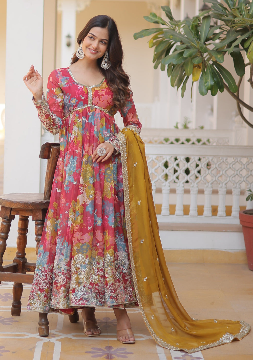 Women's Fuchsia Pink Multi-Floral Georgette Anarkali with Gota-Patti Bodice and Mustard Dupatta