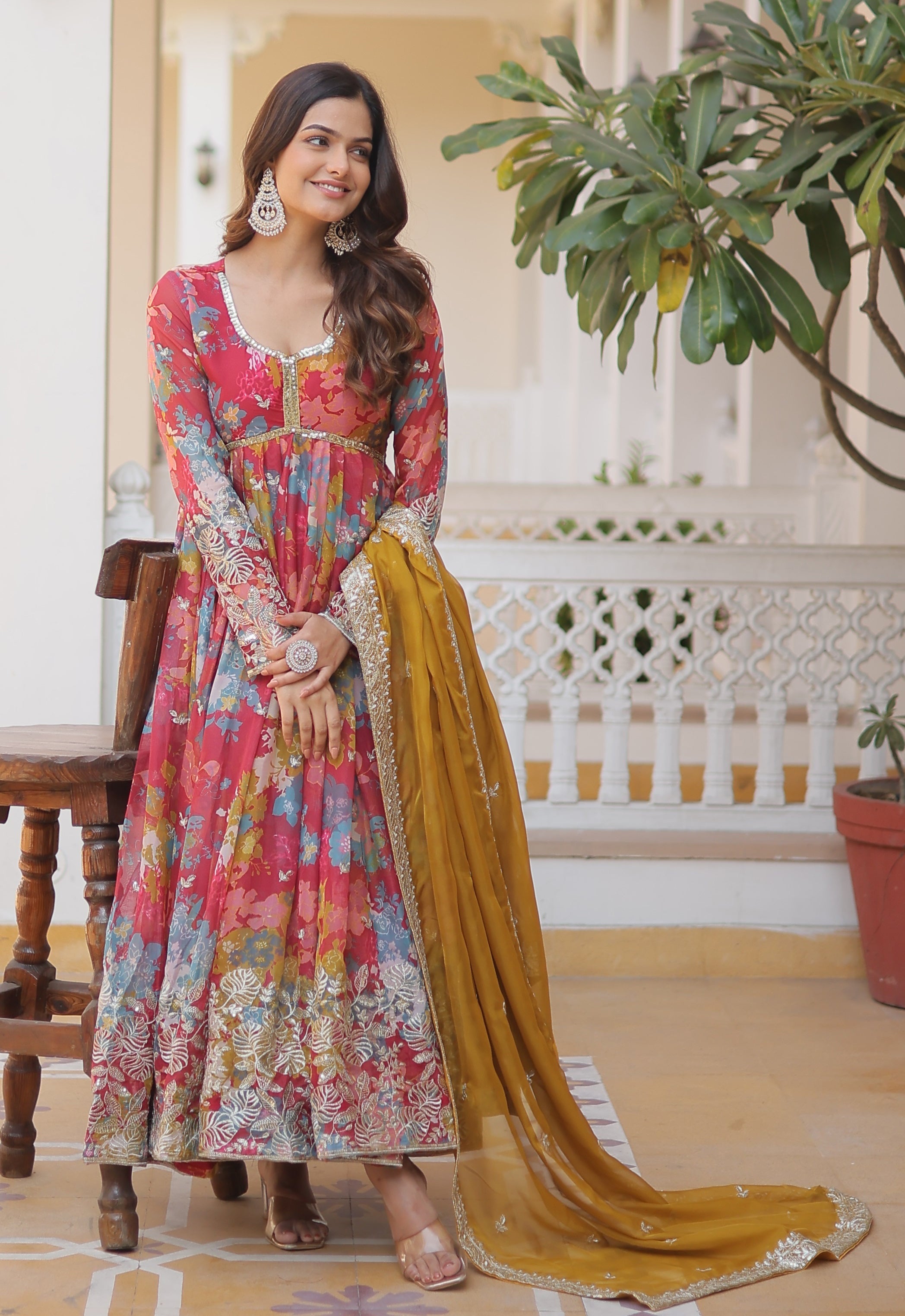 Women's Fuchsia Pink Multi-Floral Georgette Anarkali with Gota-Patti Bodice and Mustard Dupatta