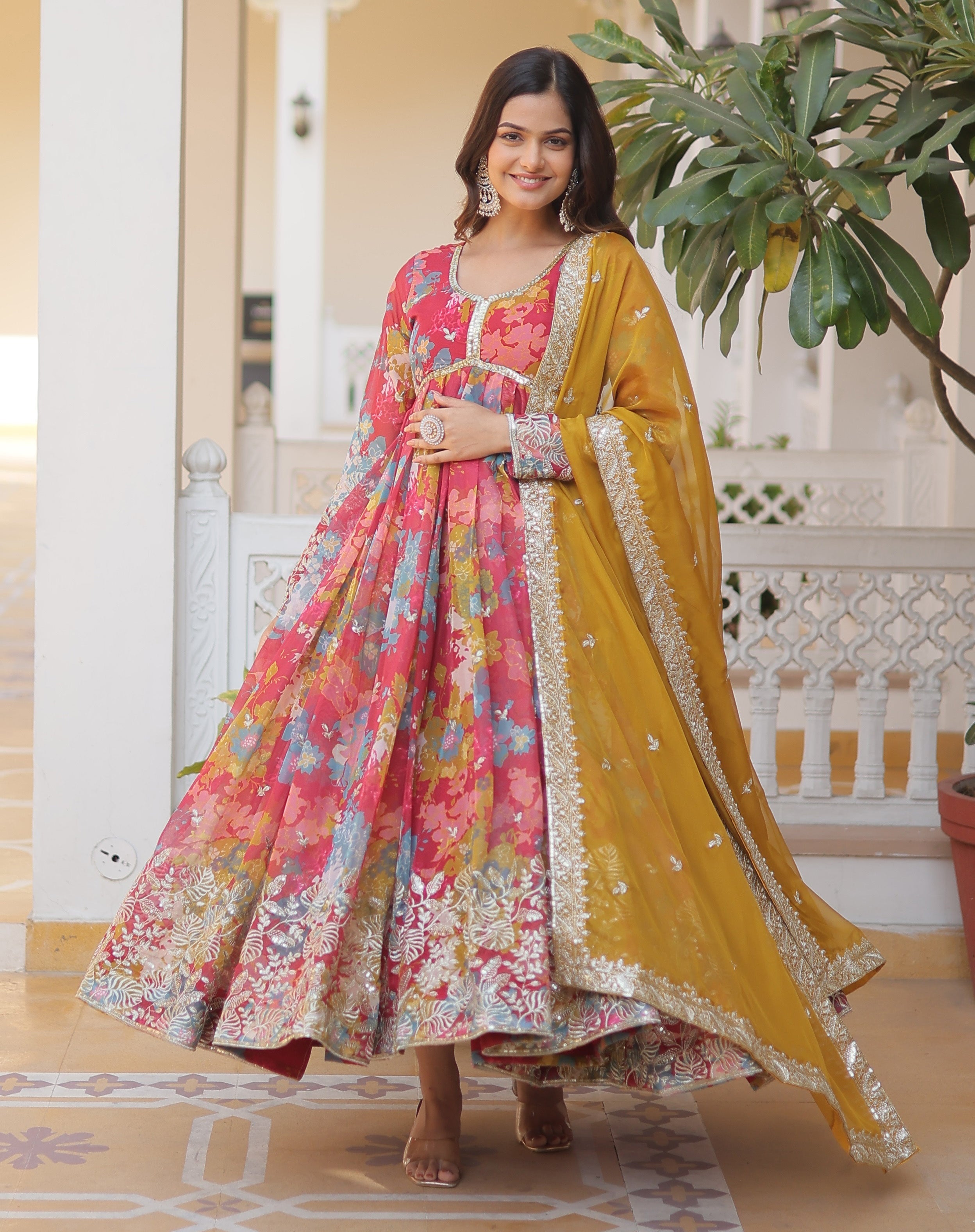 Women's Fuchsia Pink Multi-Floral Georgette Anarkali with Gota-Patti Bodice and Mustard Dupatta