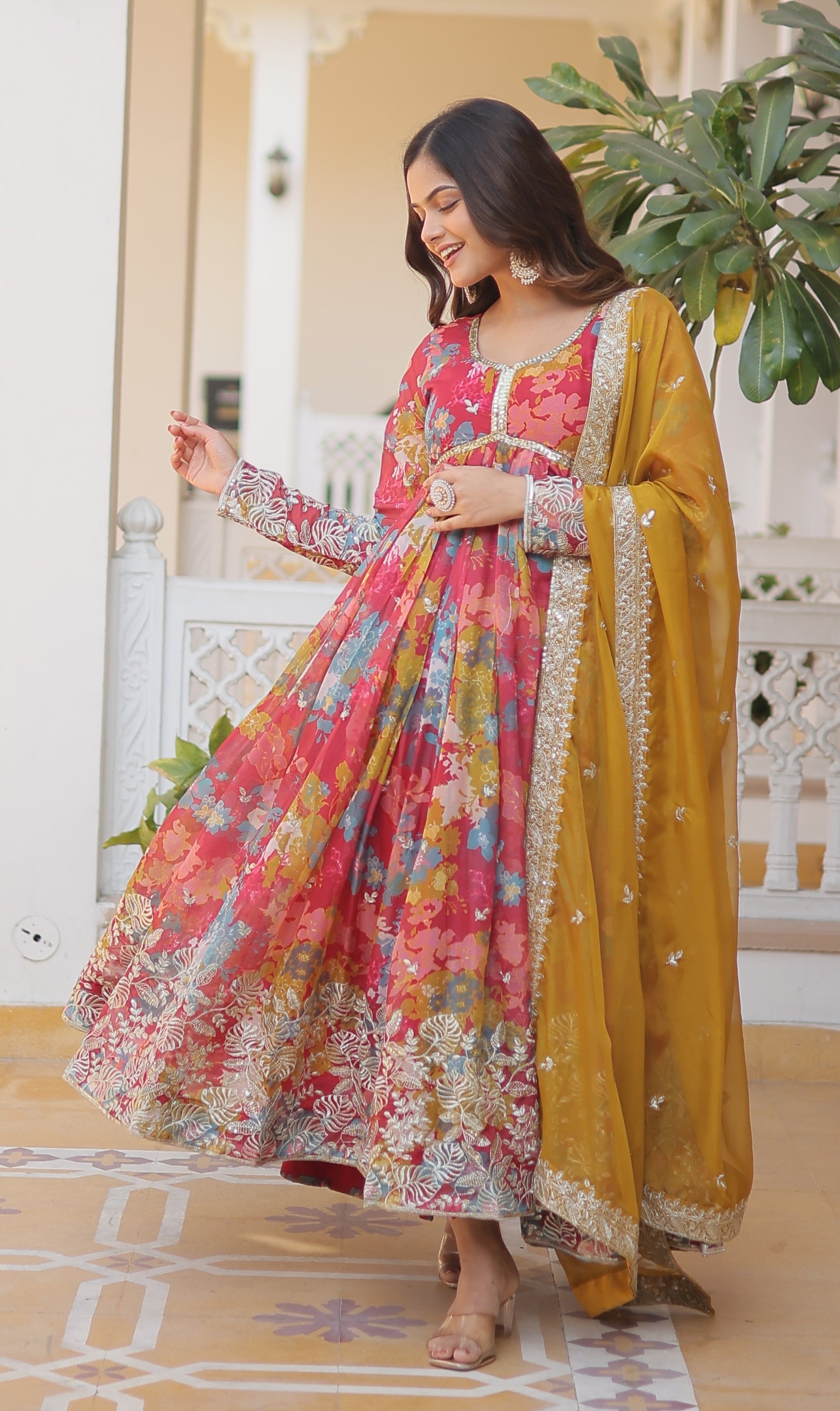 Women's Fuchsia Pink Multi-Floral Georgette Anarkali with Gota-Patti Bodice and Mustard Dupatta