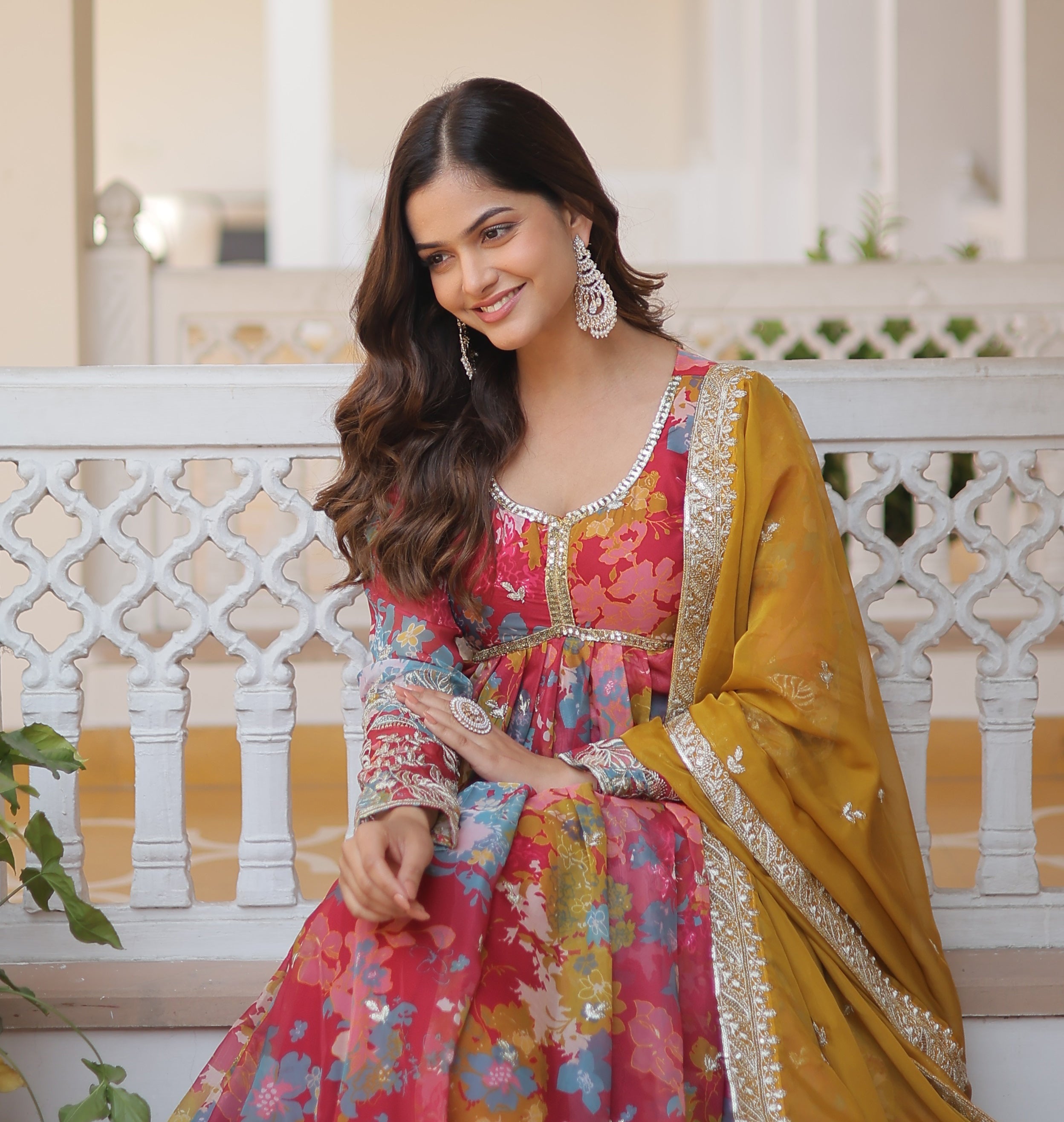 Women's Fuchsia Pink Multi-Floral Georgette Anarkali with Gota-Patti Bodice and Mustard Dupatta