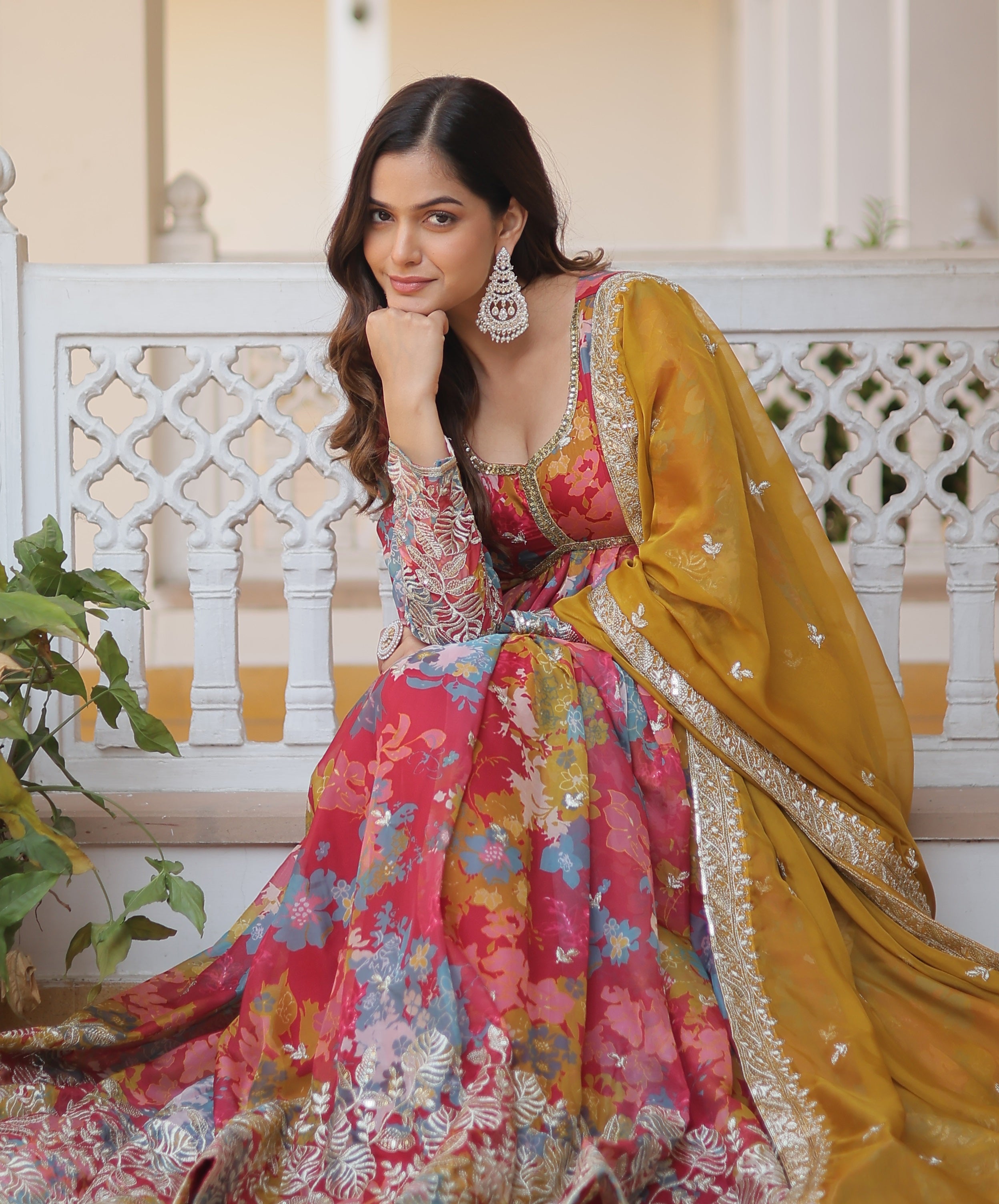 Women's Fuchsia Pink Multi-Floral Georgette Anarkali with Gota-Patti Bodice and Mustard Dupatta