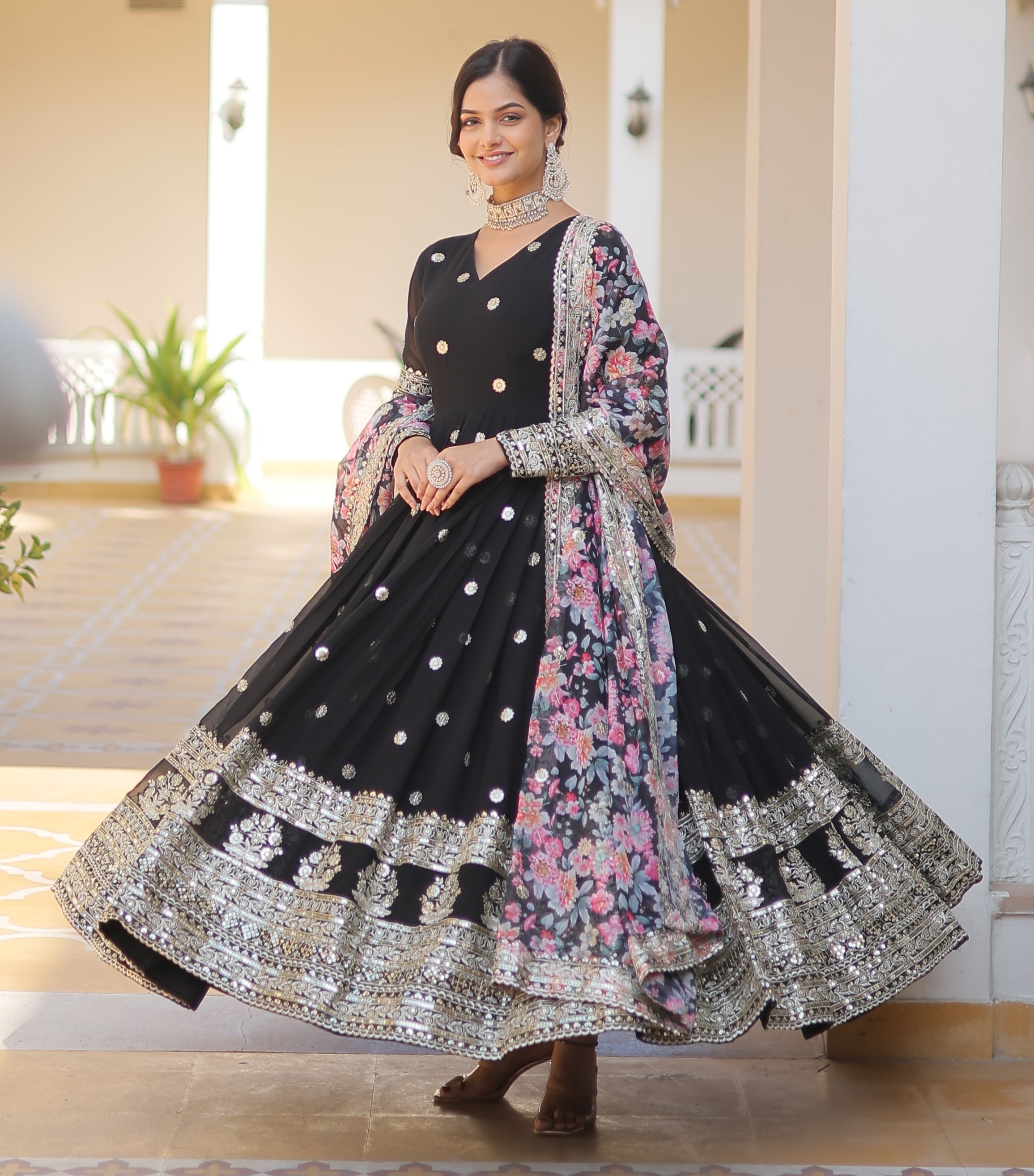 Black Anarkali Gown with Floral Dupatta