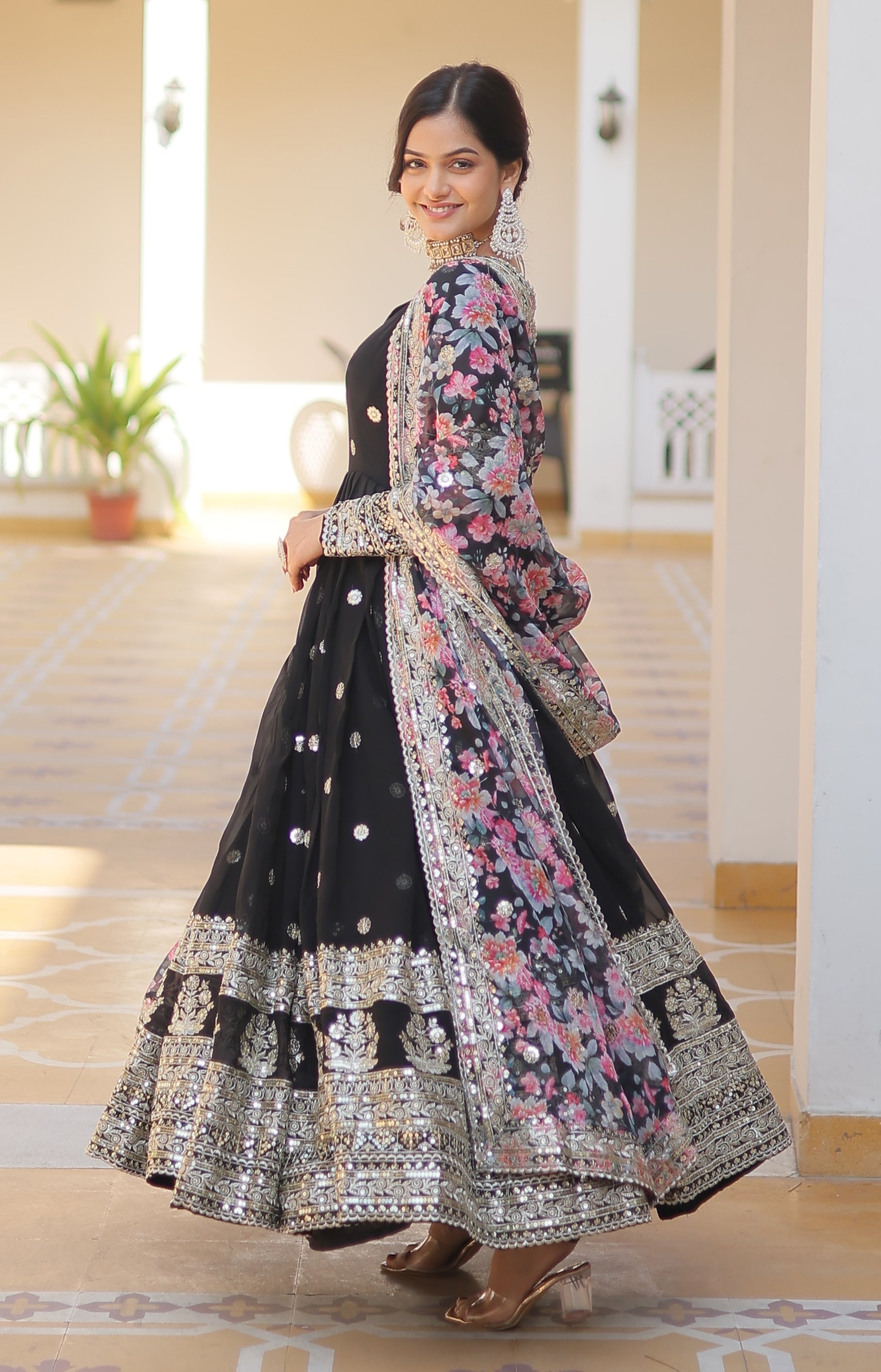 Black Anarkali Gown with Floral Dupatta
