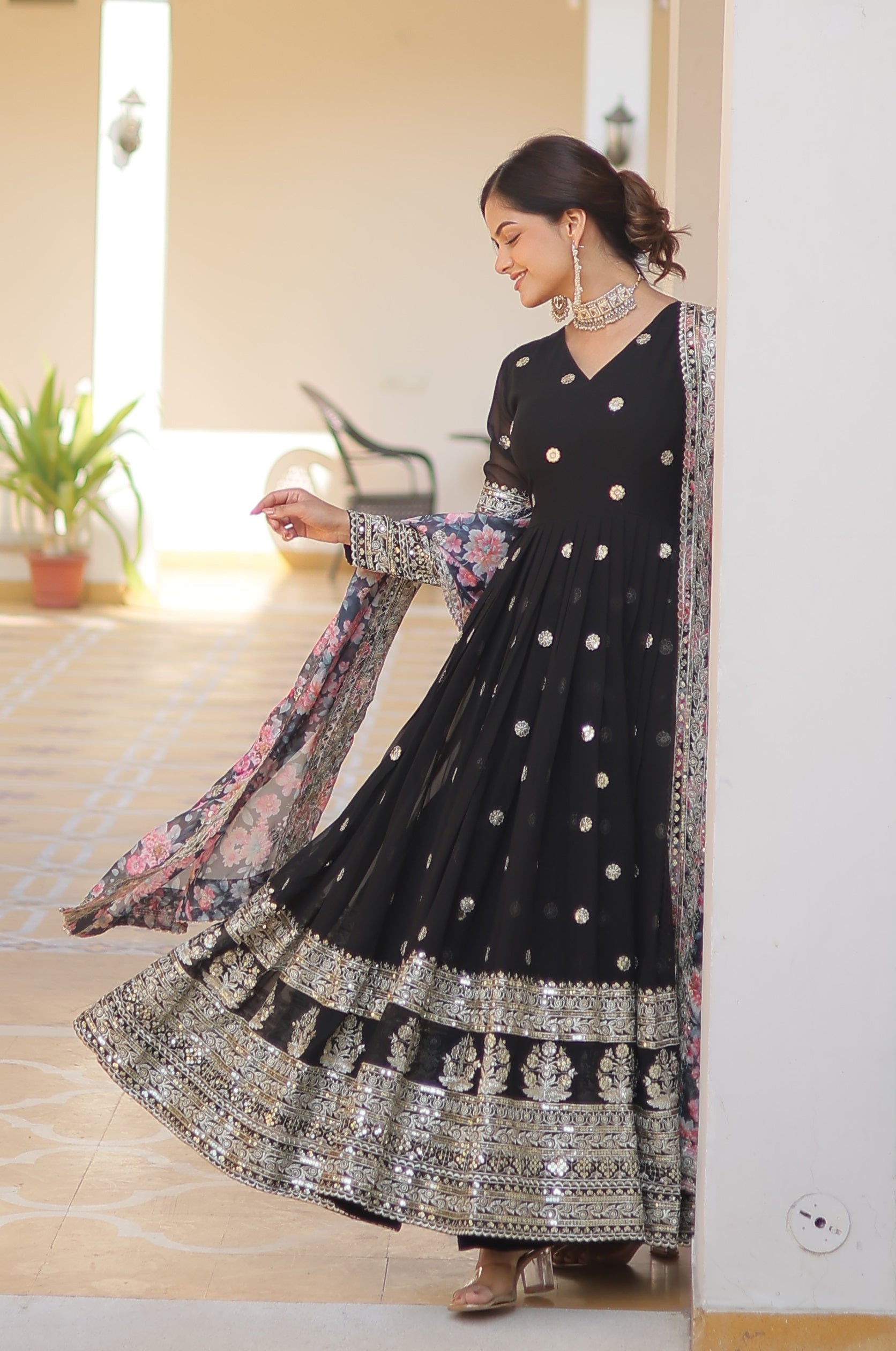 Black Anarkali Gown with Floral Dupatta