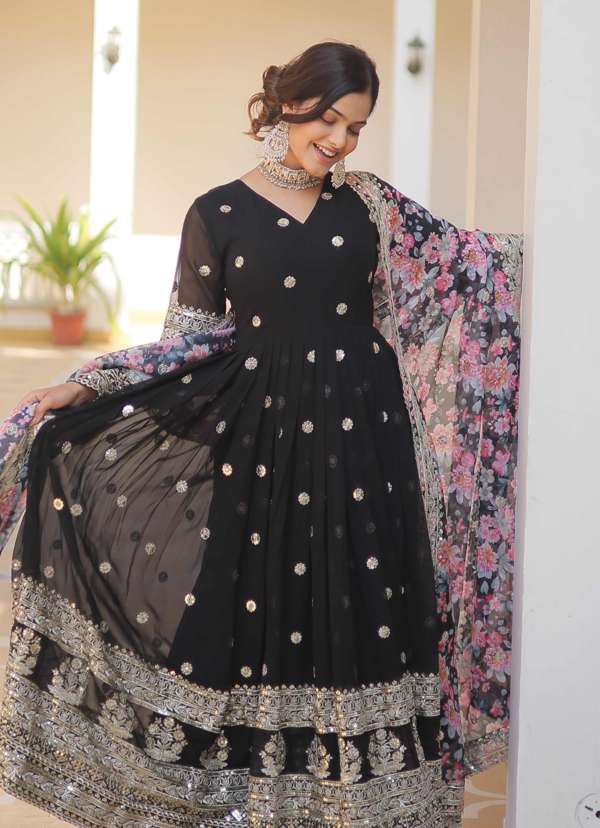 Black Anarkali Gown with Floral Dupatta