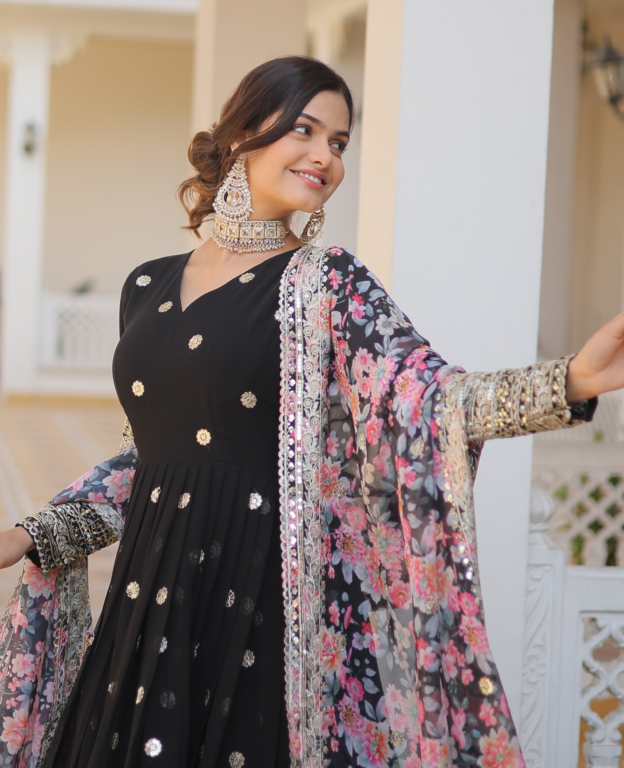 Black Anarkali Gown with Floral Dupatta