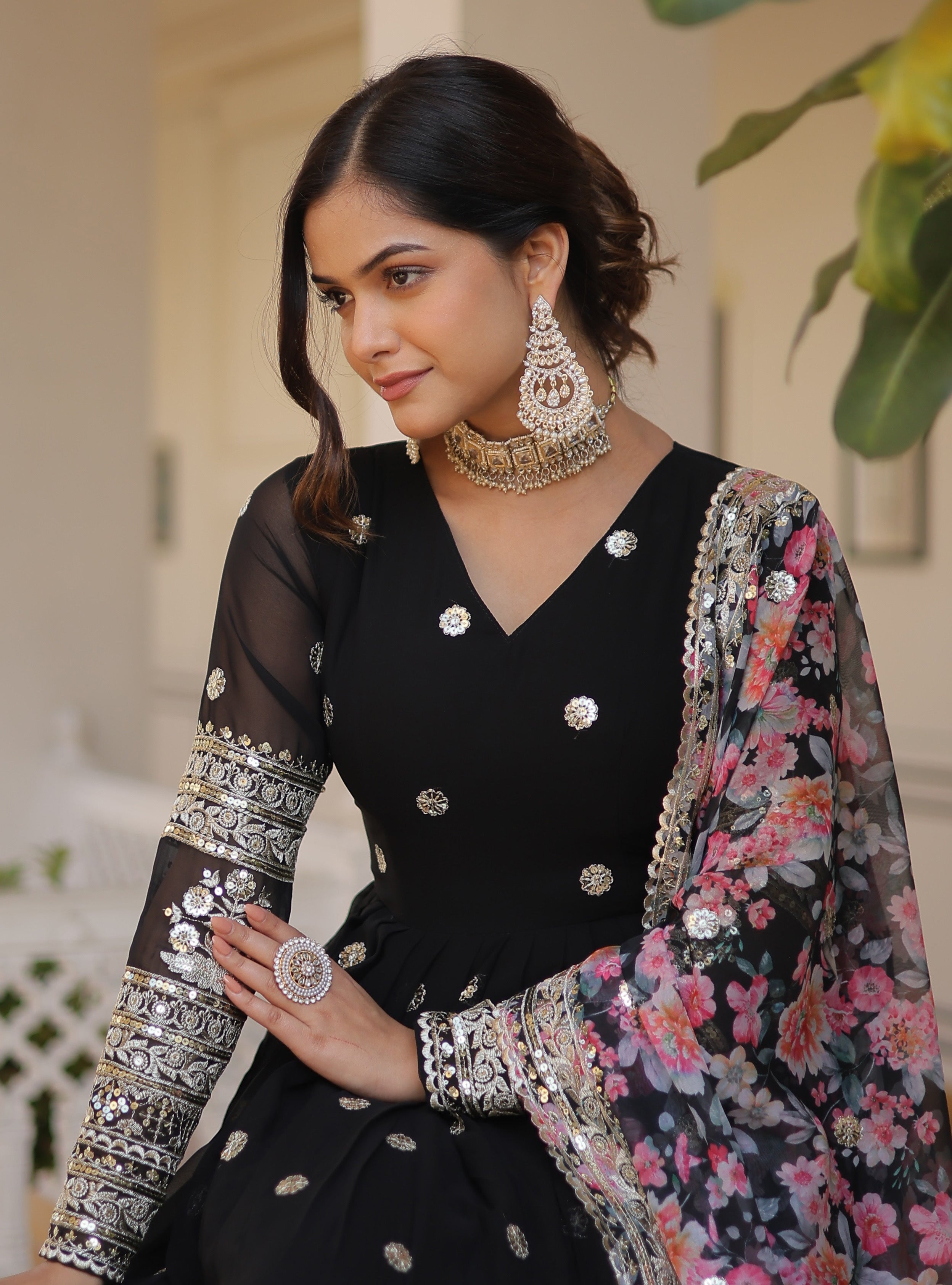 Black Anarkali Gown with Floral Dupatta