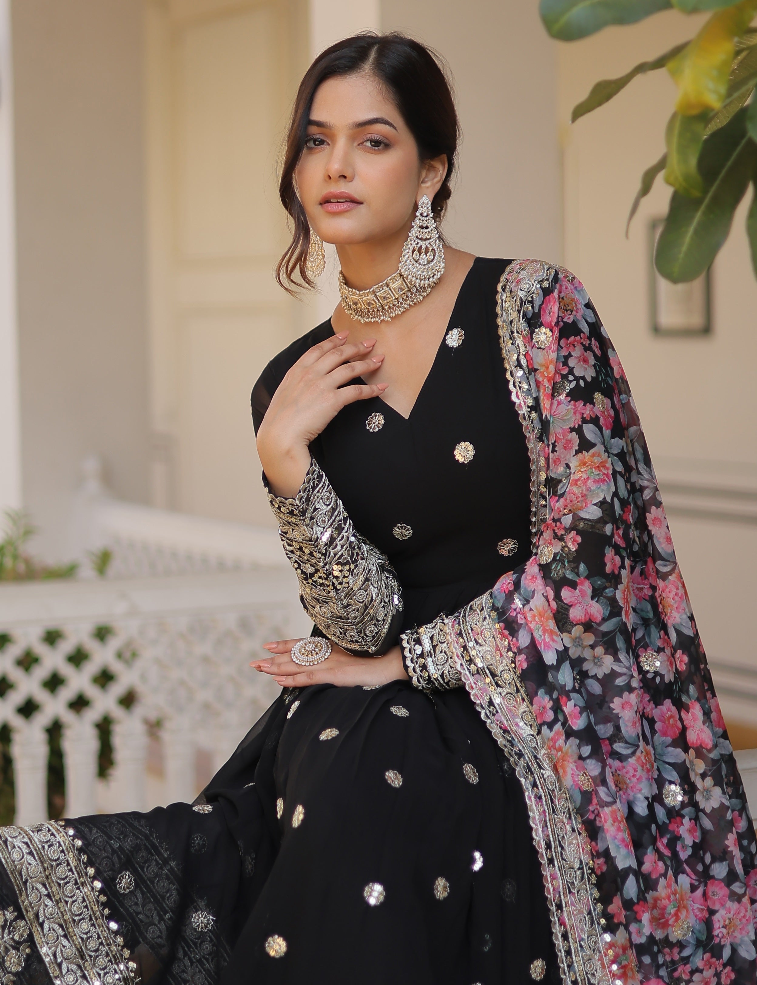 Black Anarkali Gown with Floral Dupatta