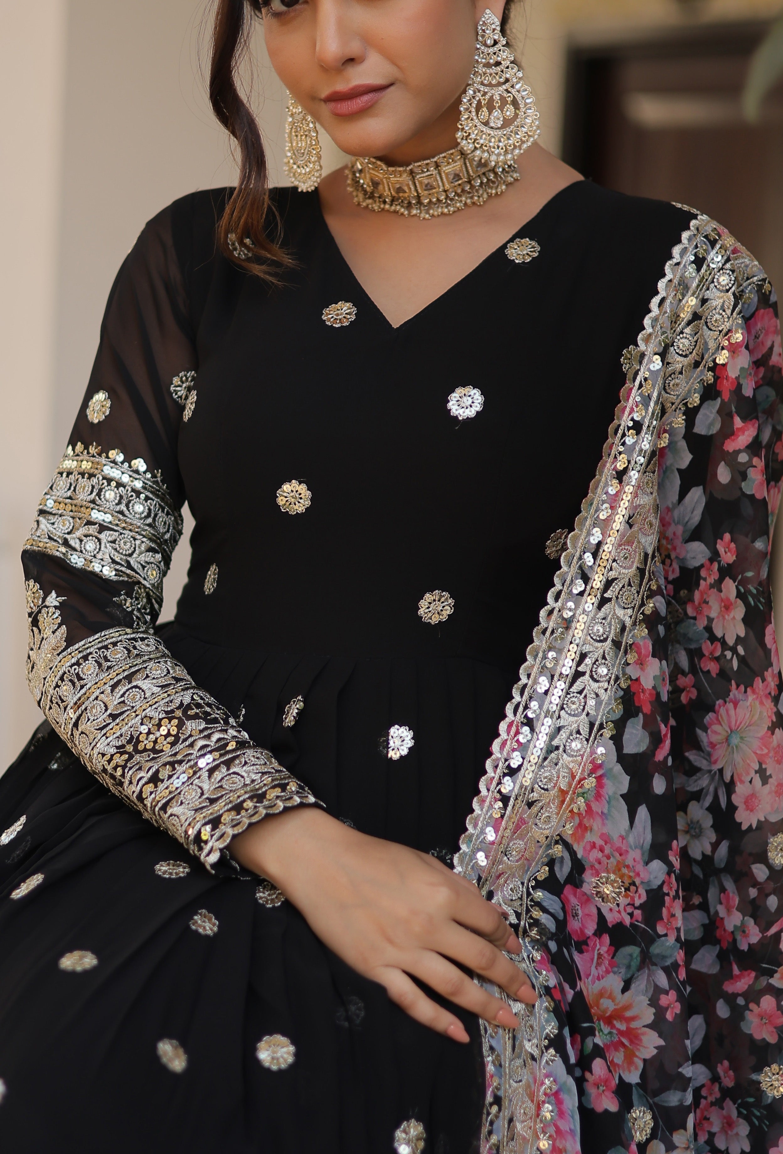 Black Anarkali Gown with Floral Dupatta