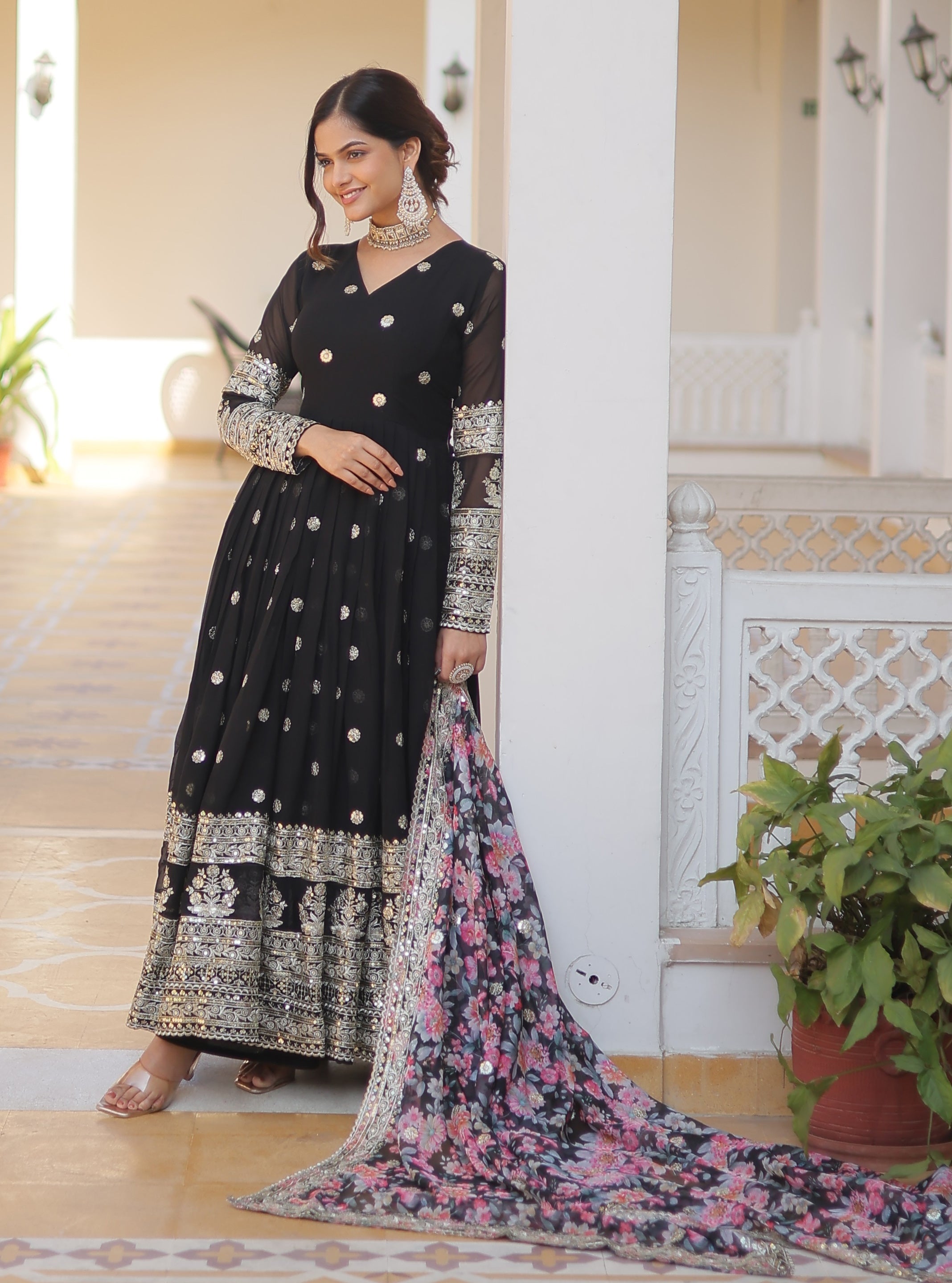 Black Anarkali Gown with Floral Dupatta