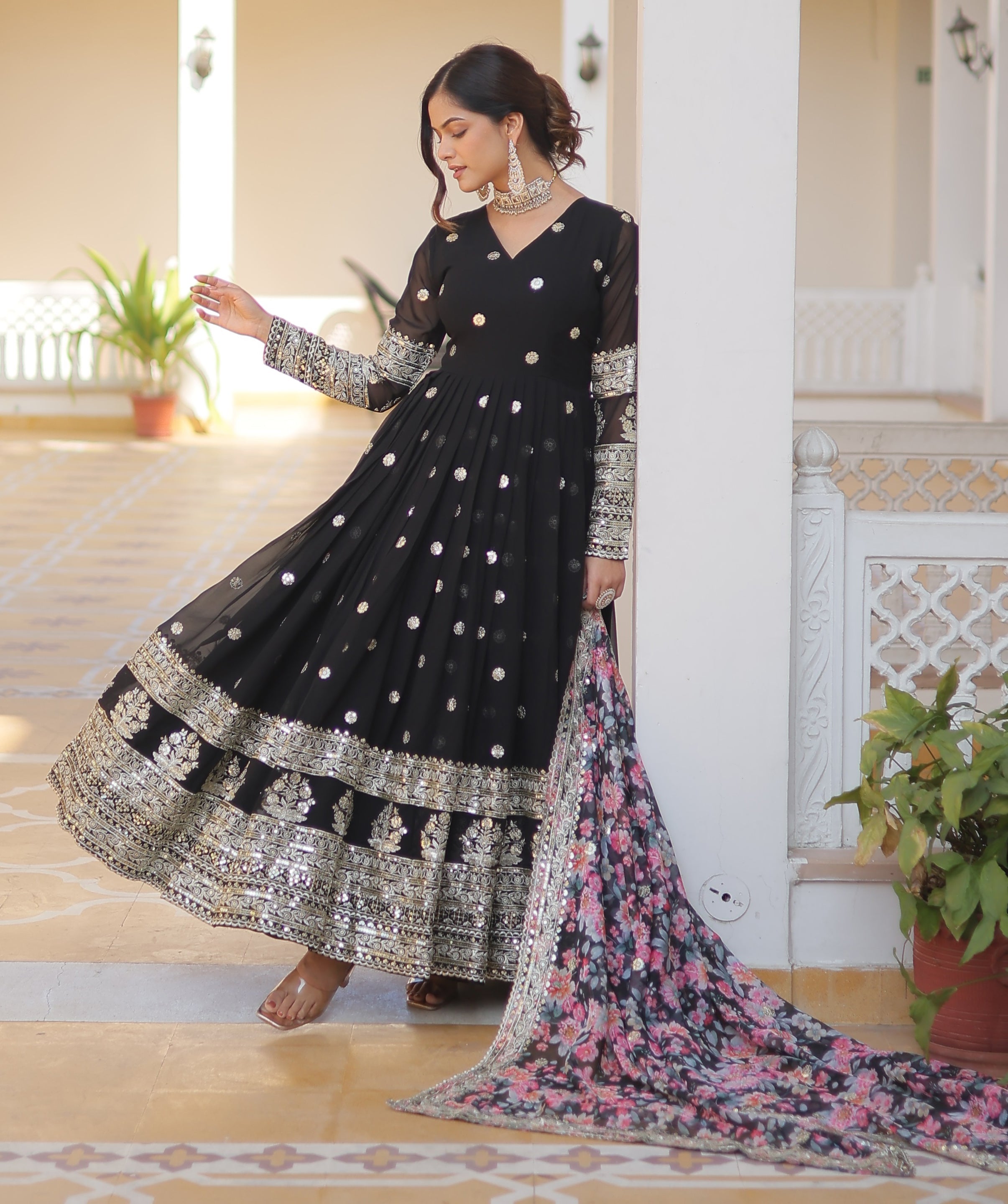 Black Anarkali Gown with Floral Dupatta
