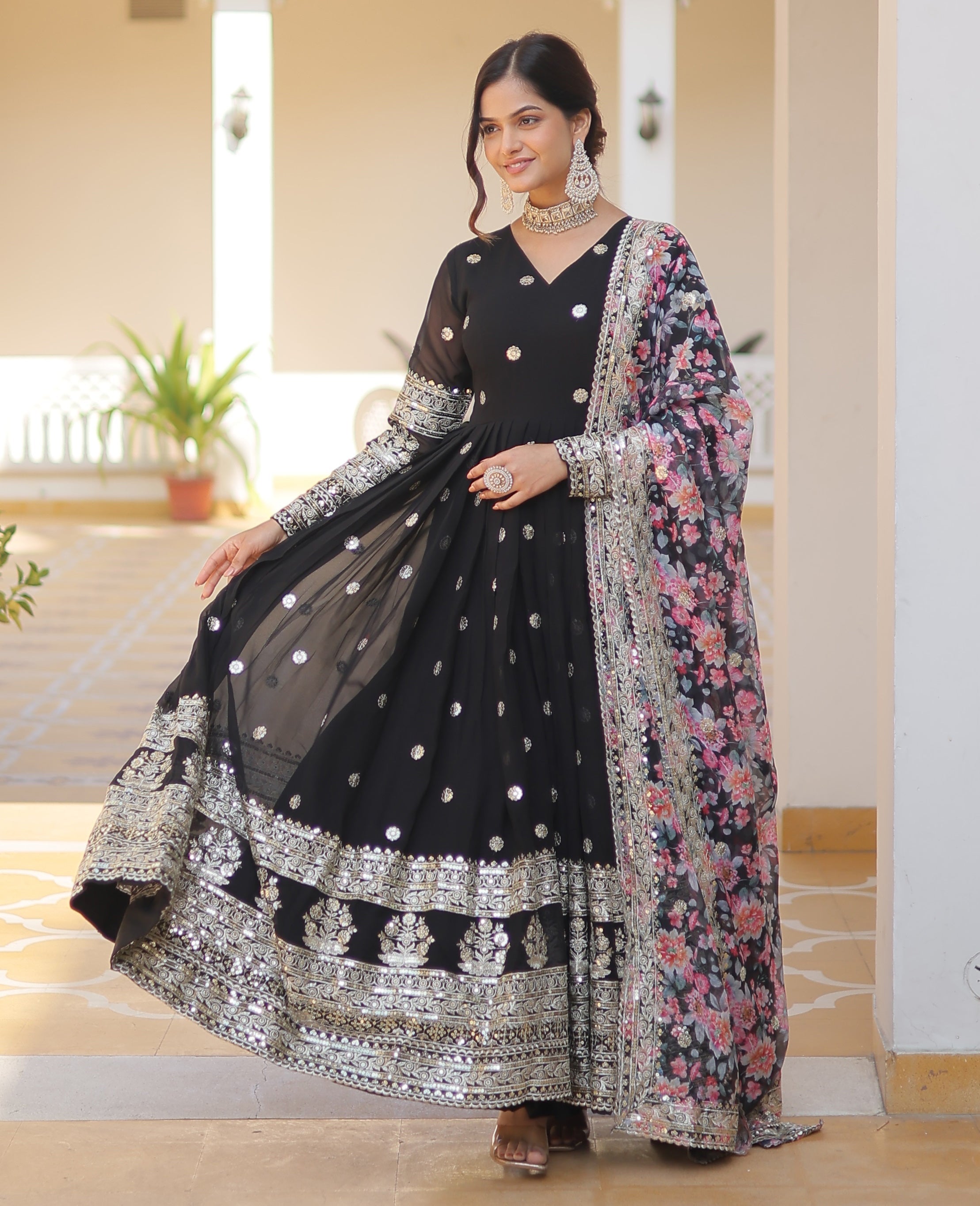 Black Anarkali Gown with Floral Dupatta