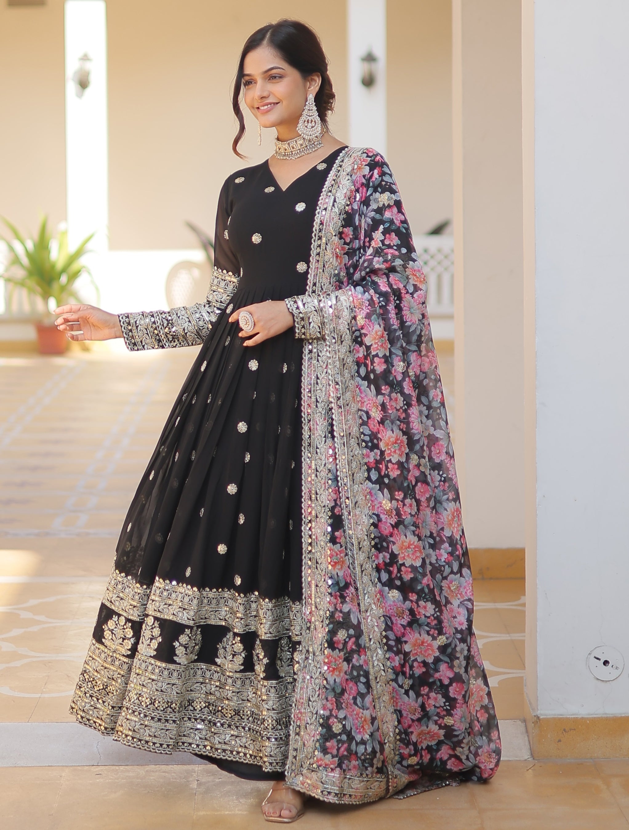 Black Anarkali Gown with Floral Dupatta