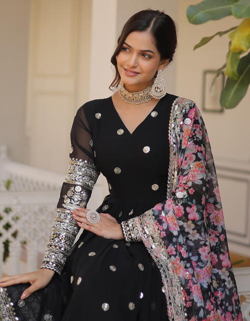 Black Anarkali Gown with Floral Dupatta