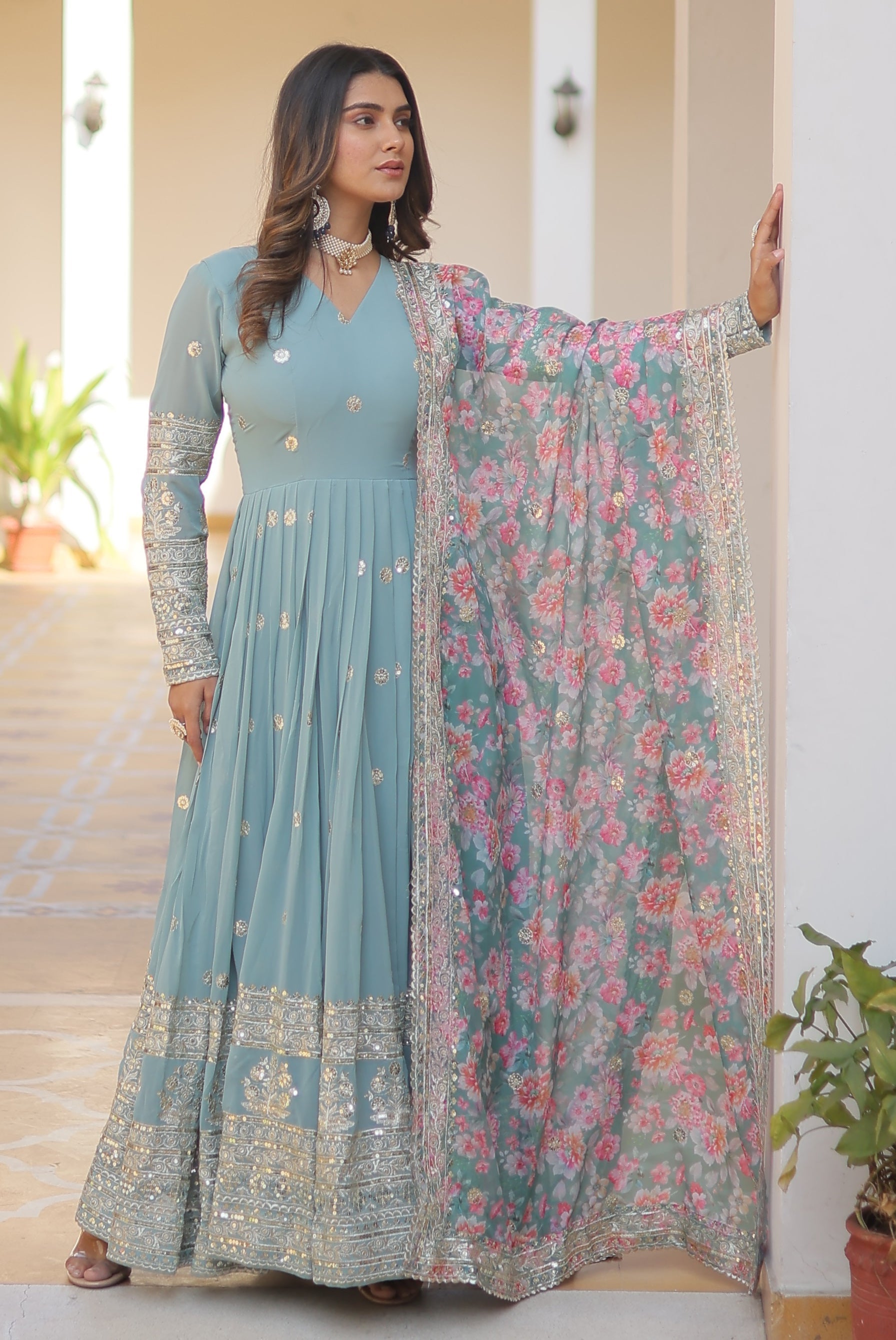Sky Blue Anarkali Suit with Floral Dupatta