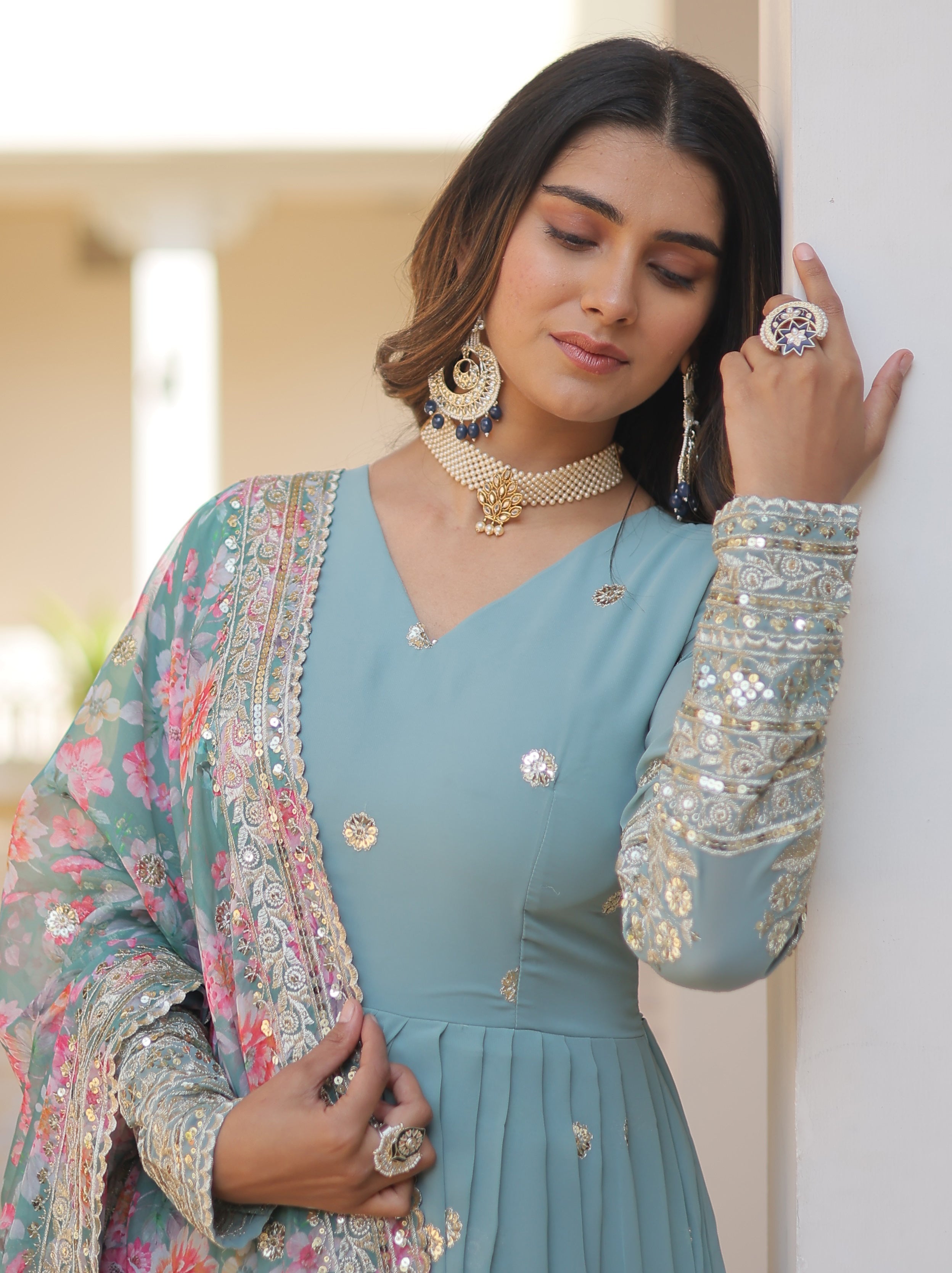 Sky Blue Anarkali Suit with Floral Dupatta