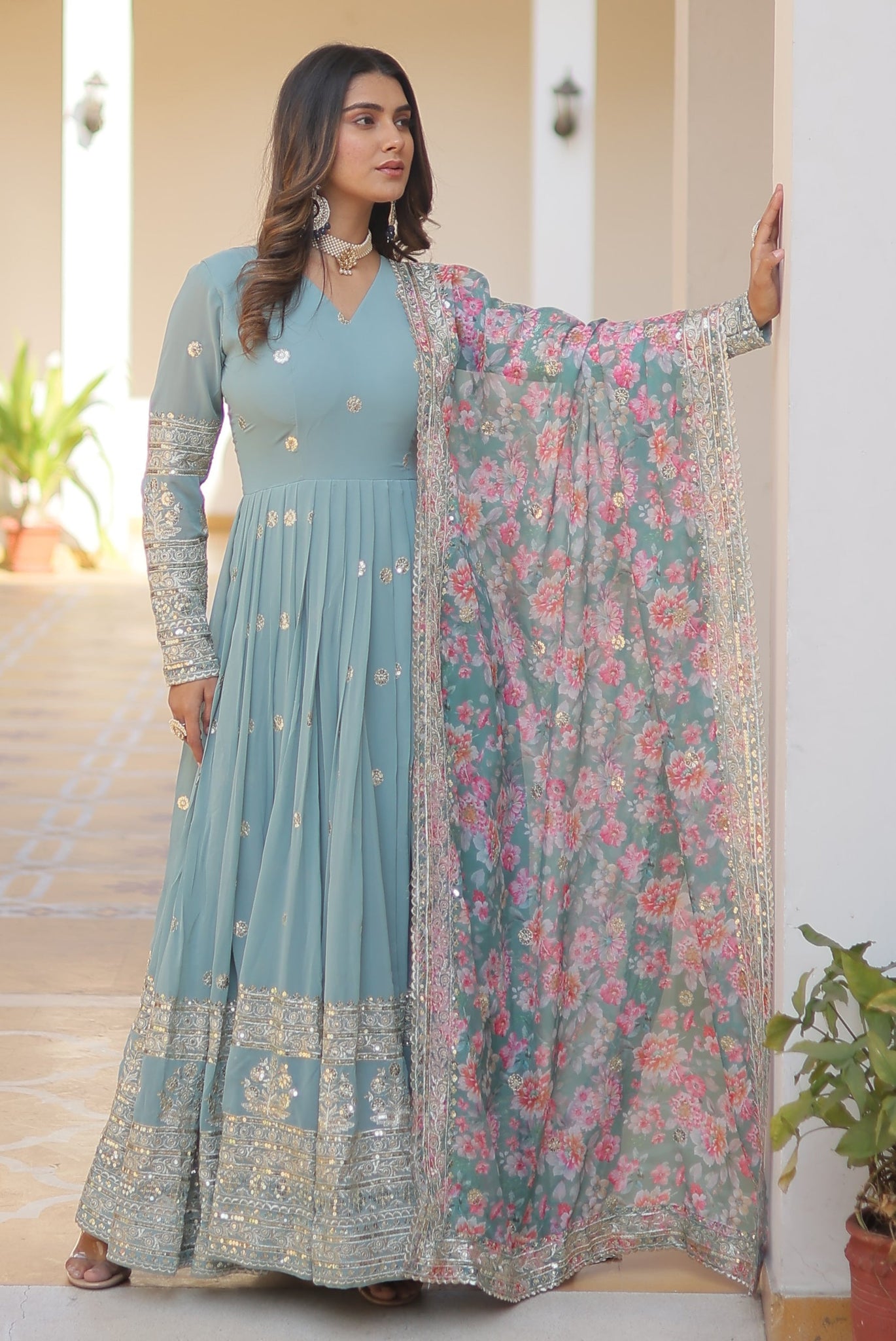 Georgette Embroidered Sky Blue Kurta Set