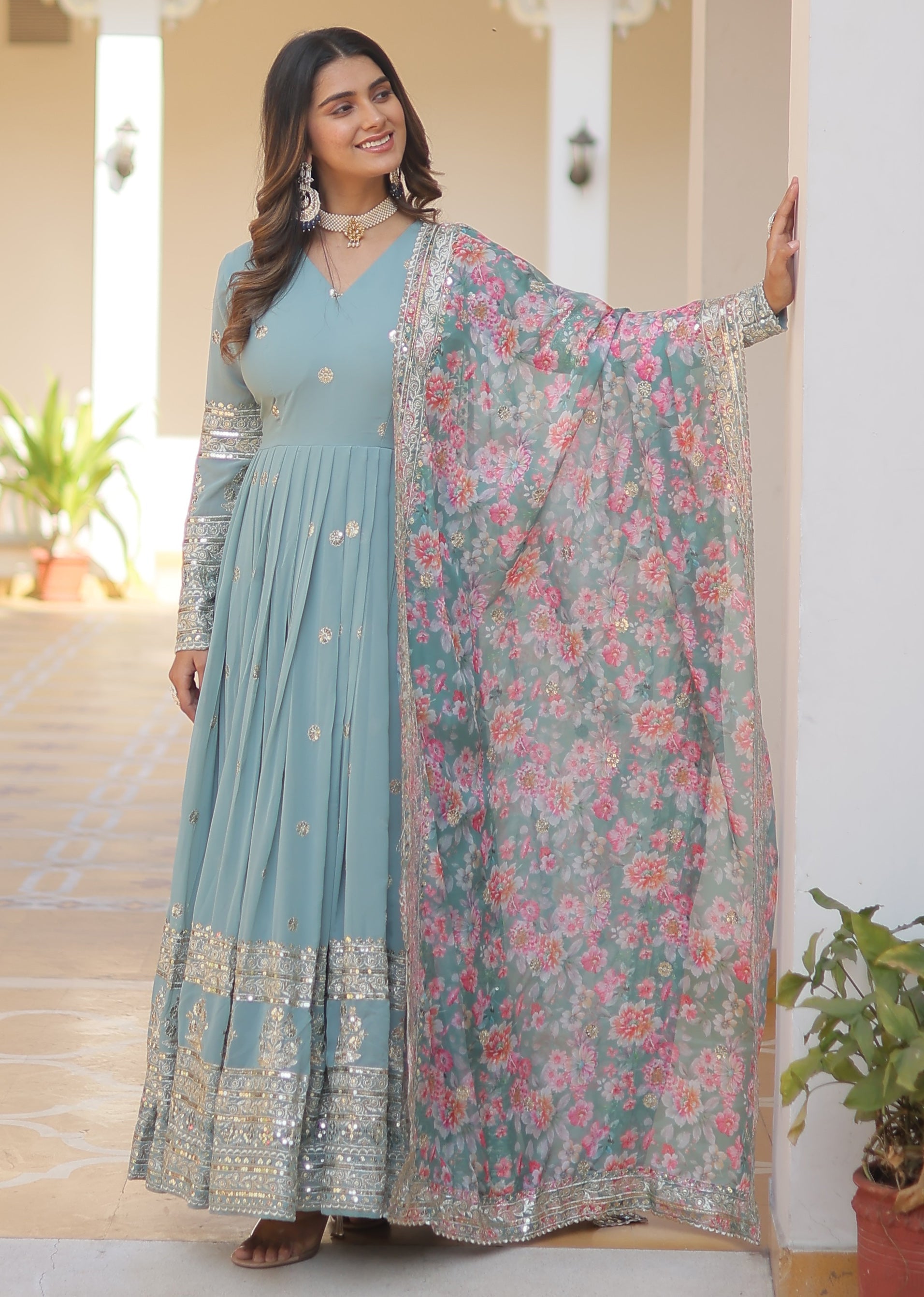 Sky Blue Anarkali Suit with Floral Dupatta