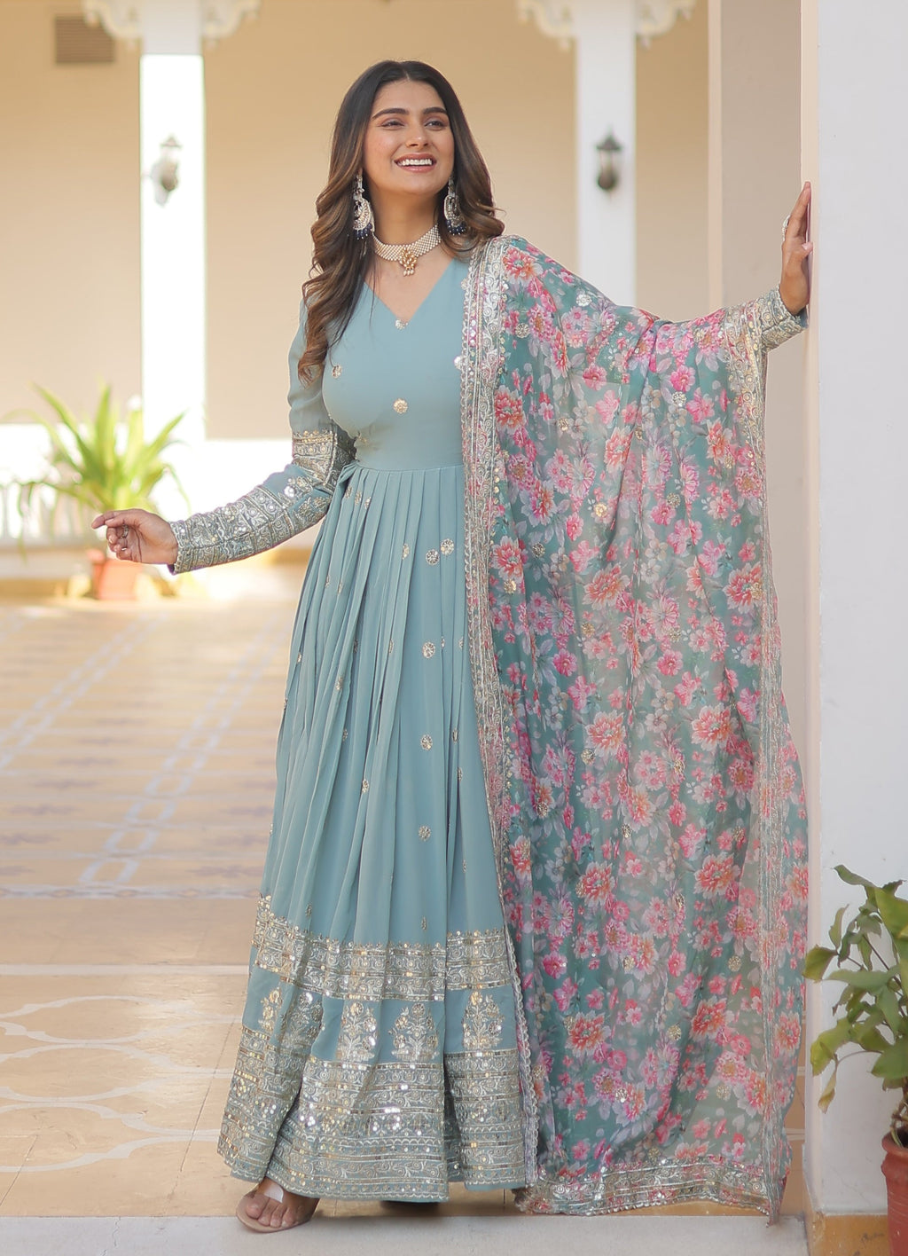 Sky Blue Anarkali Suit with Floral Dupatta