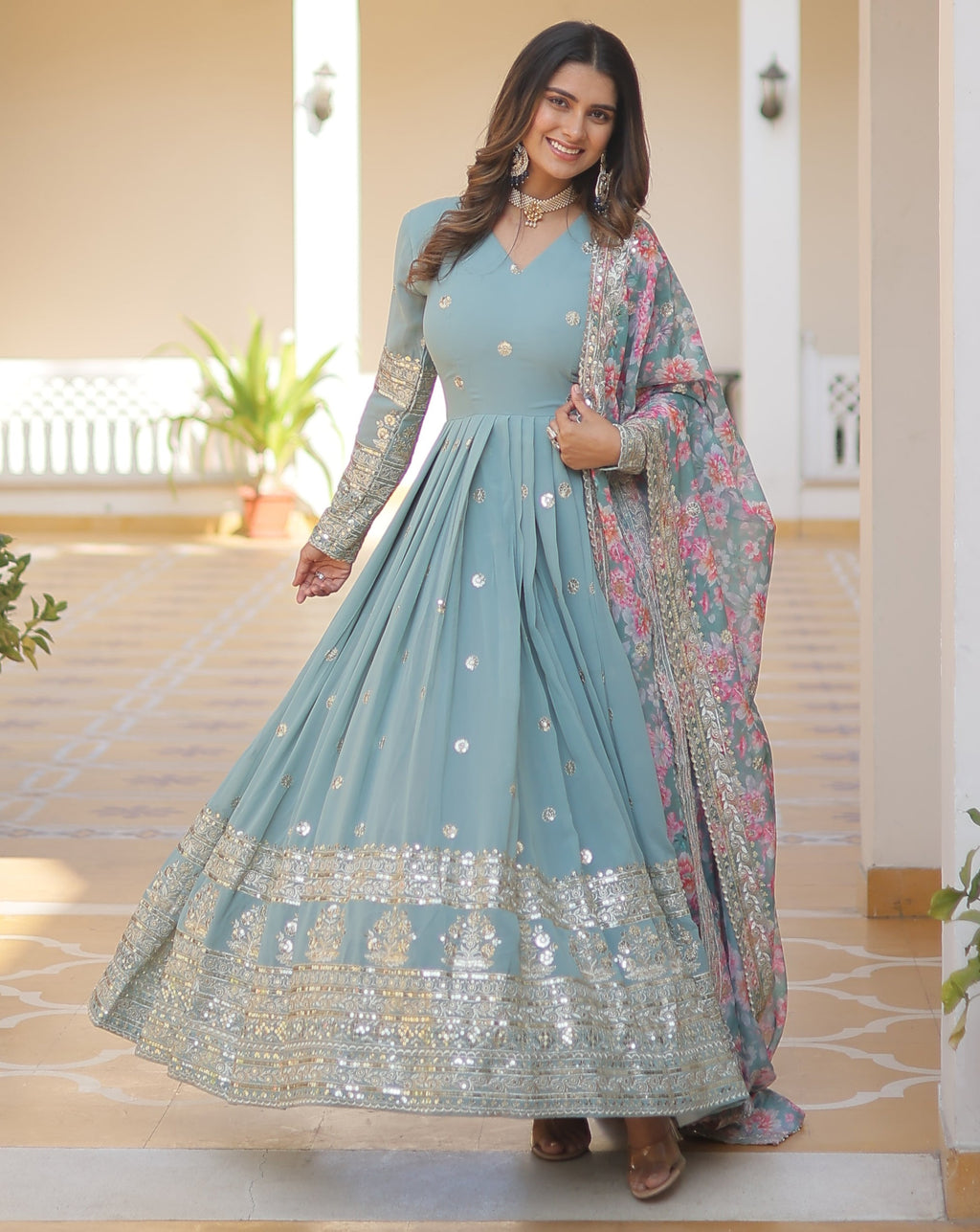 Sky Blue Anarkali Suit with Floral Dupatta