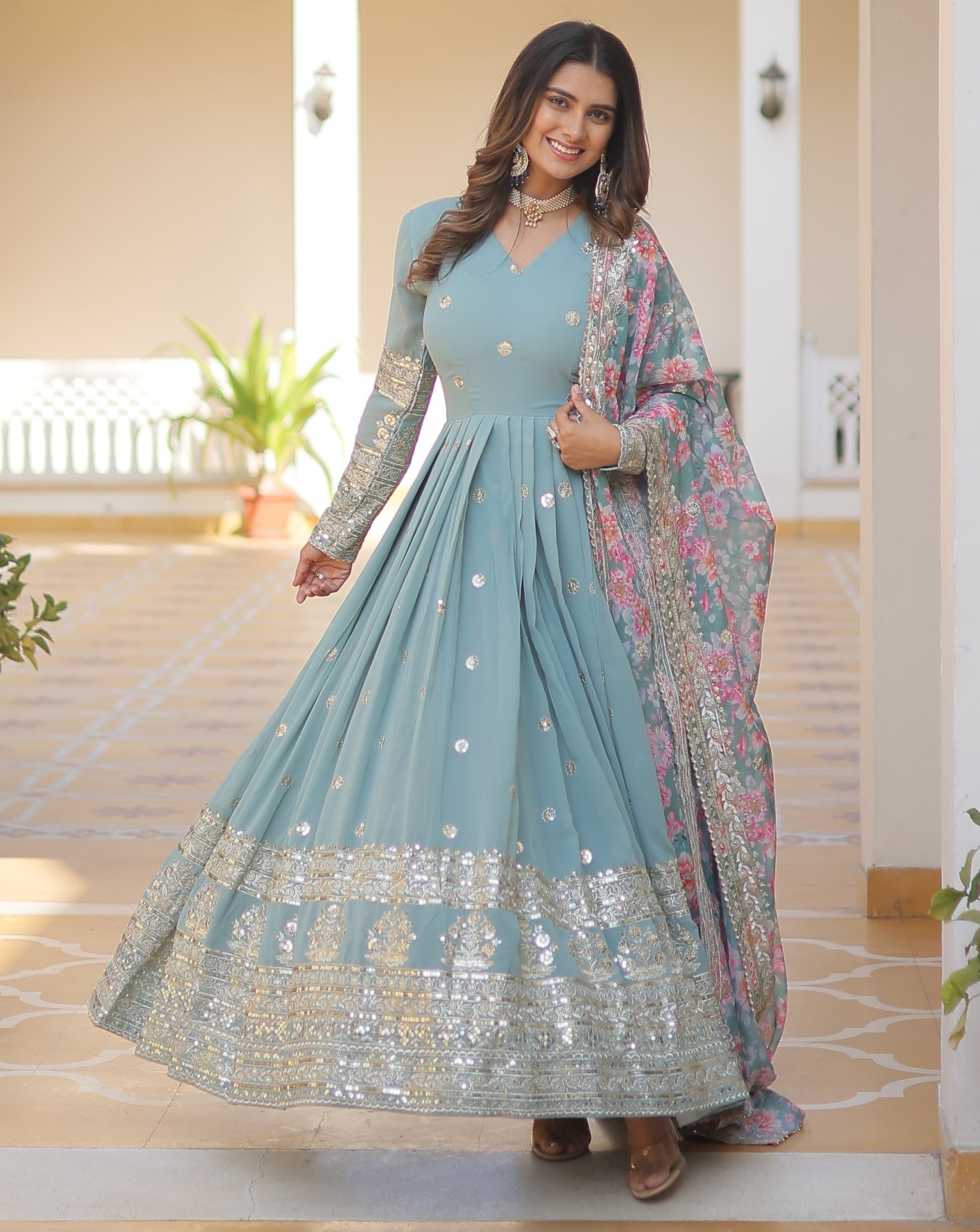 Sky Blue Anarkali Suit with Floral Dupatta
