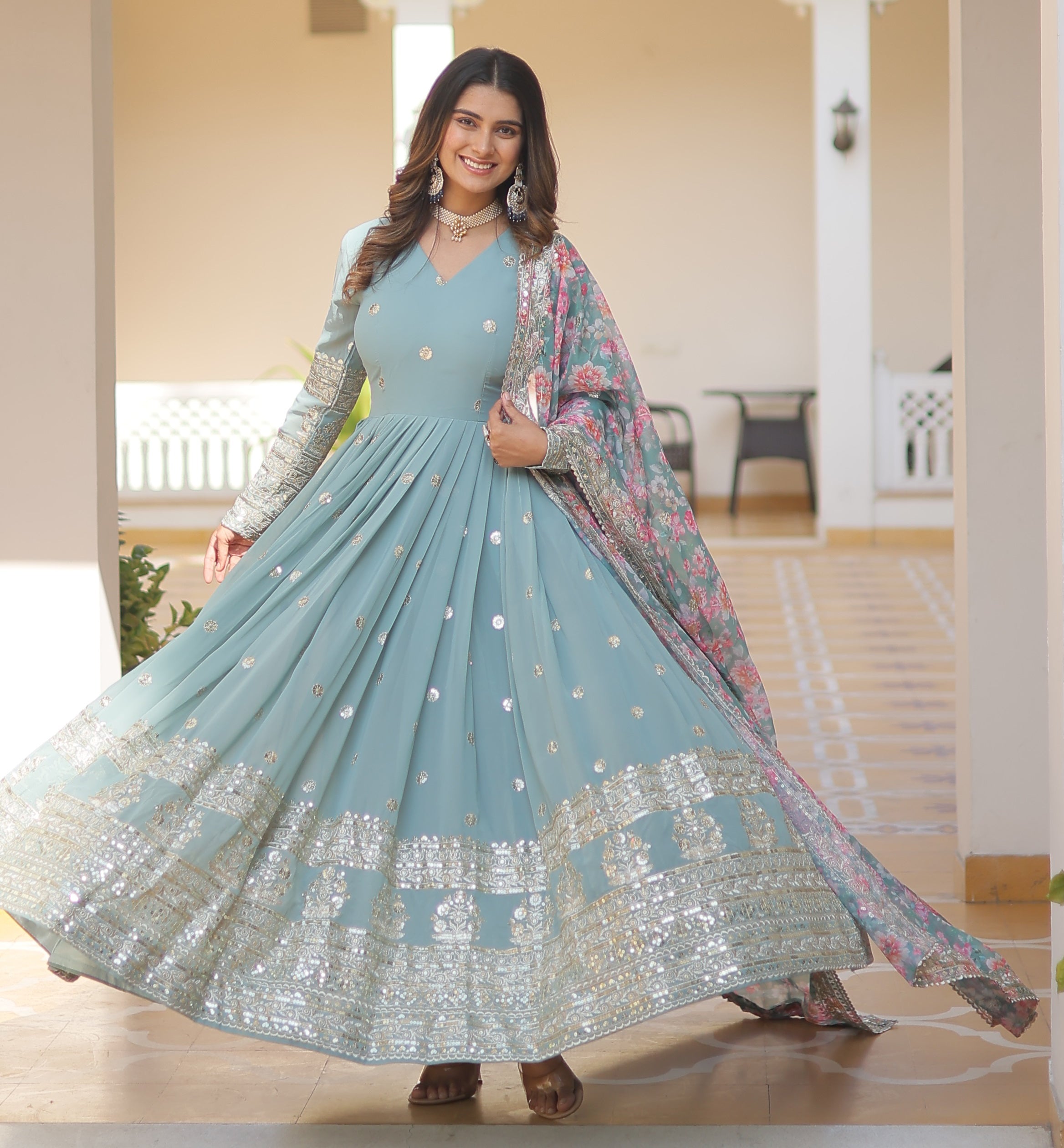 Sky Blue Anarkali Suit with Floral Dupatta