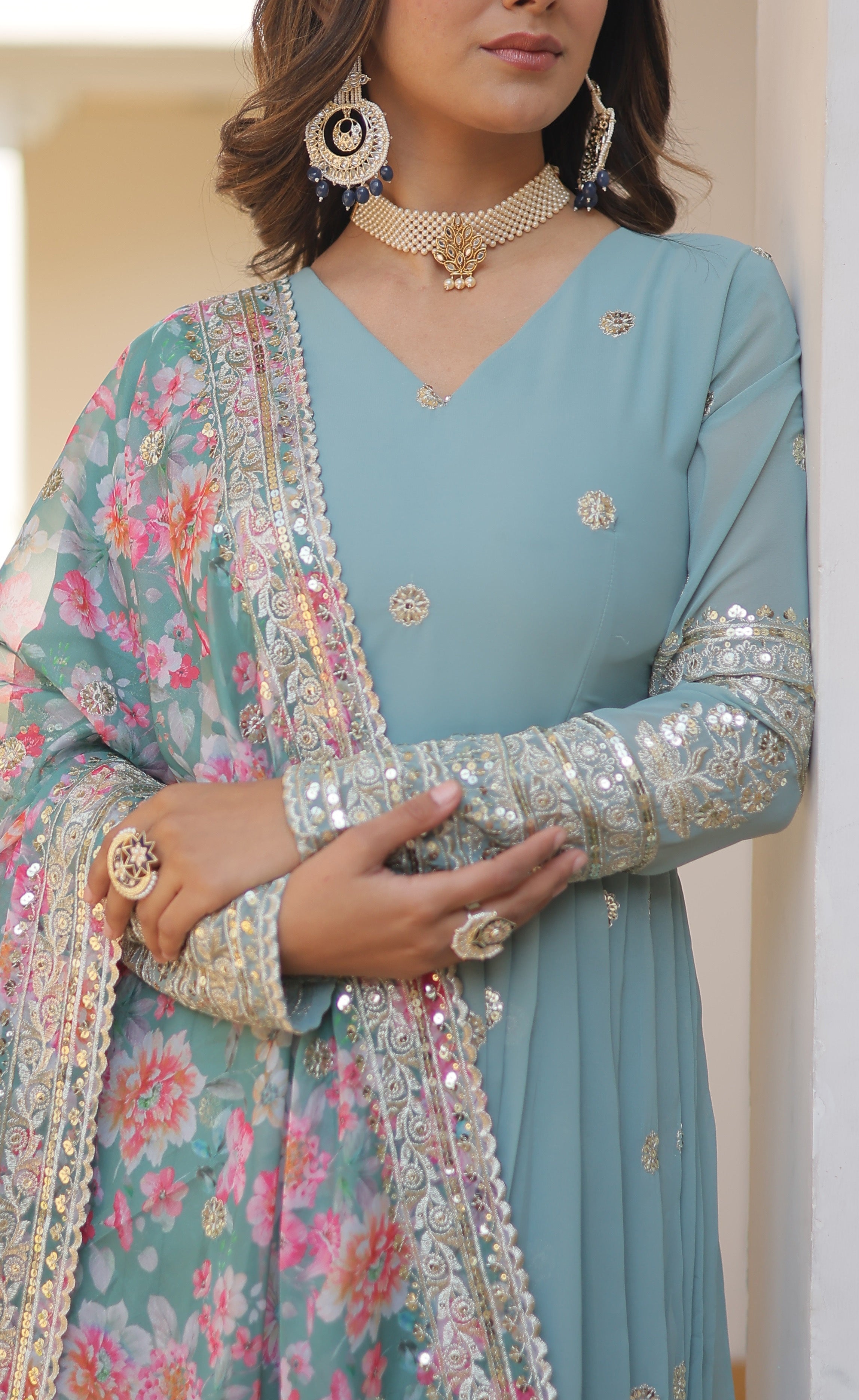 Sky Blue Anarkali Suit with Floral Dupatta