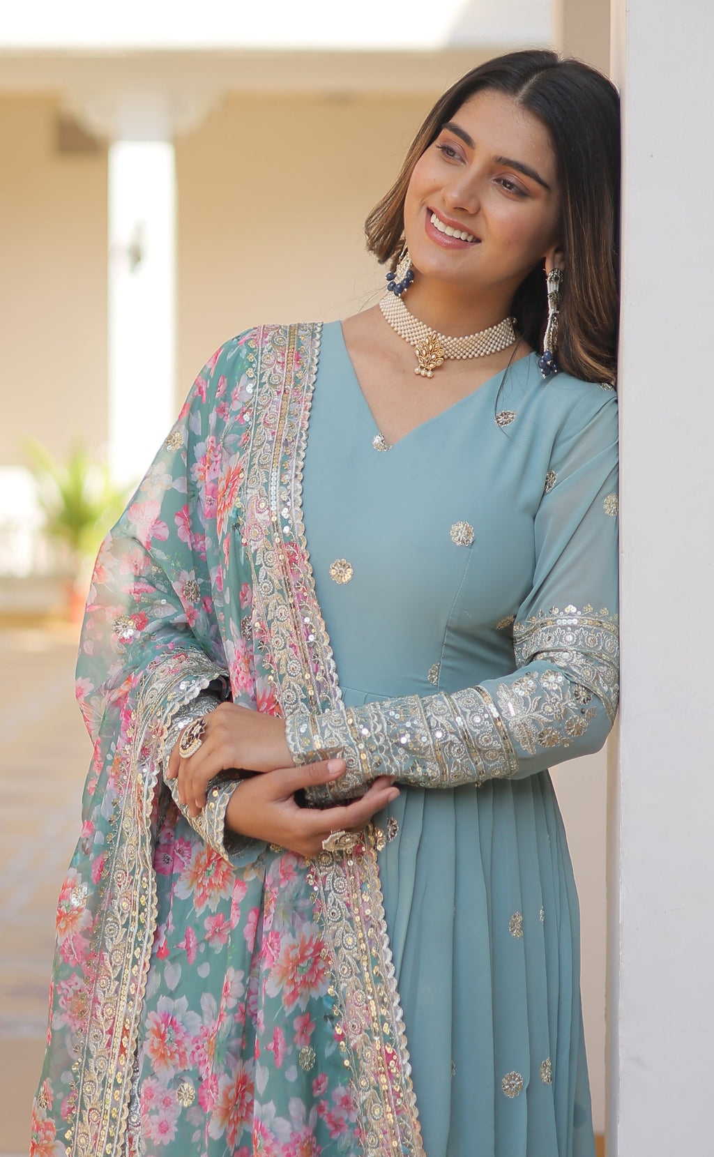 Sky Blue Anarkali Suit with Floral Dupatta