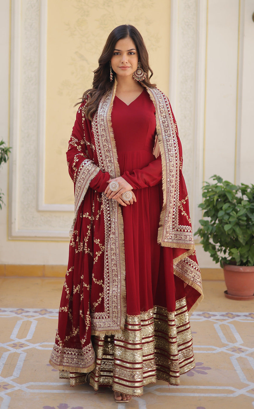 Party Wear Georgette Maroon Gown Set