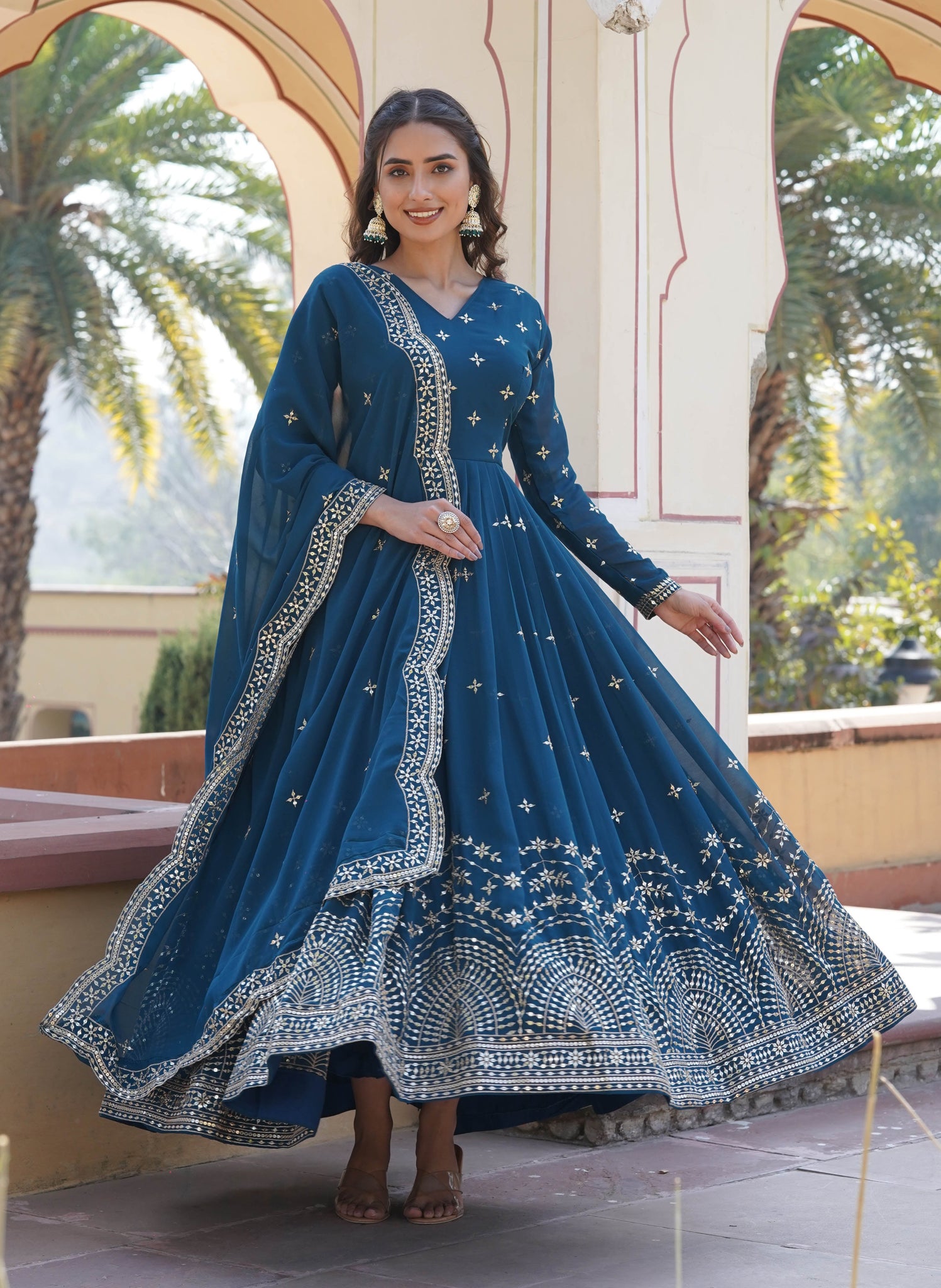 Georgette Sequence Turquoise Gown Set