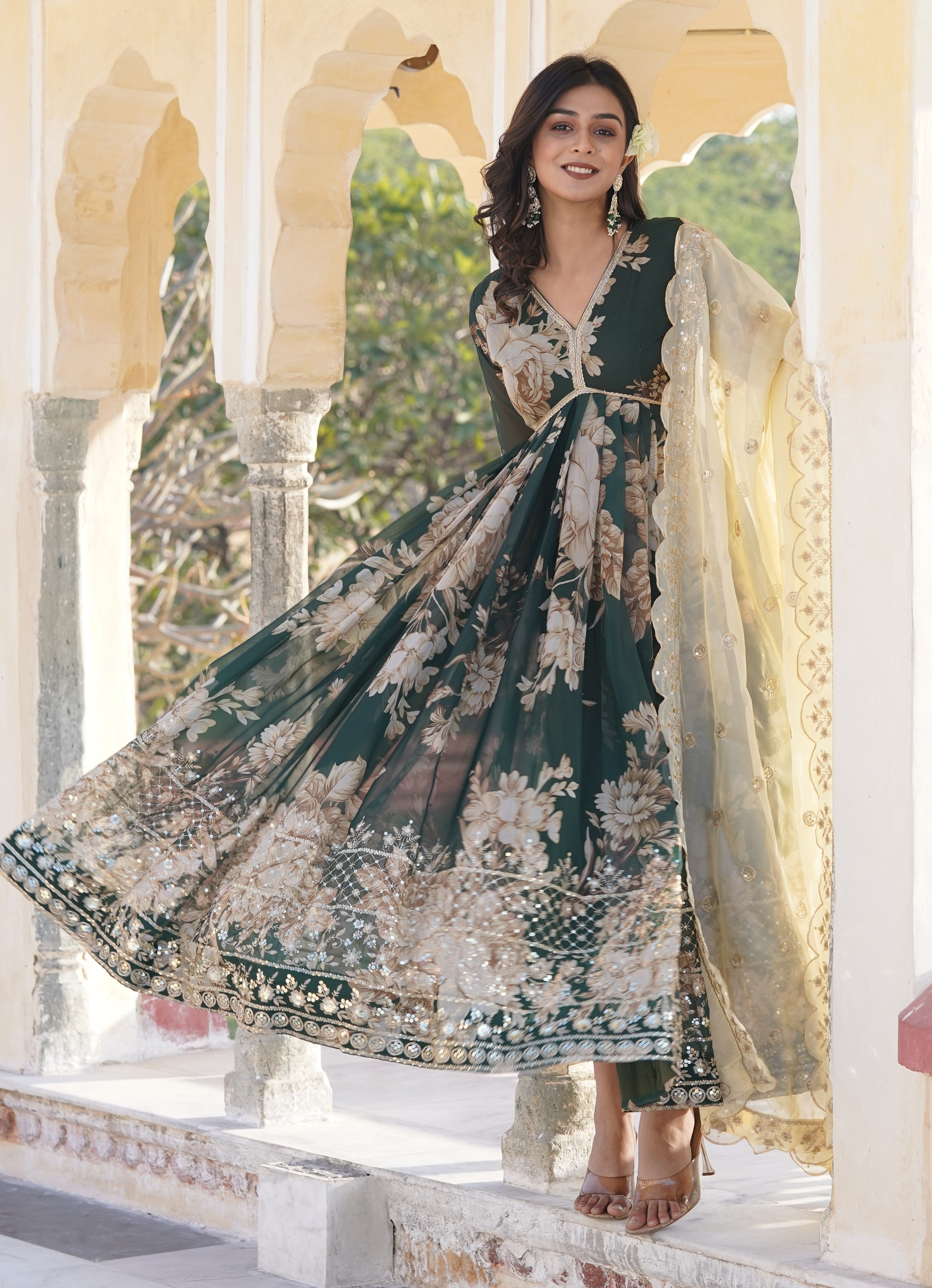 Floral Printed Anarkali Kurta Set with Embroidered Dupatta for Women