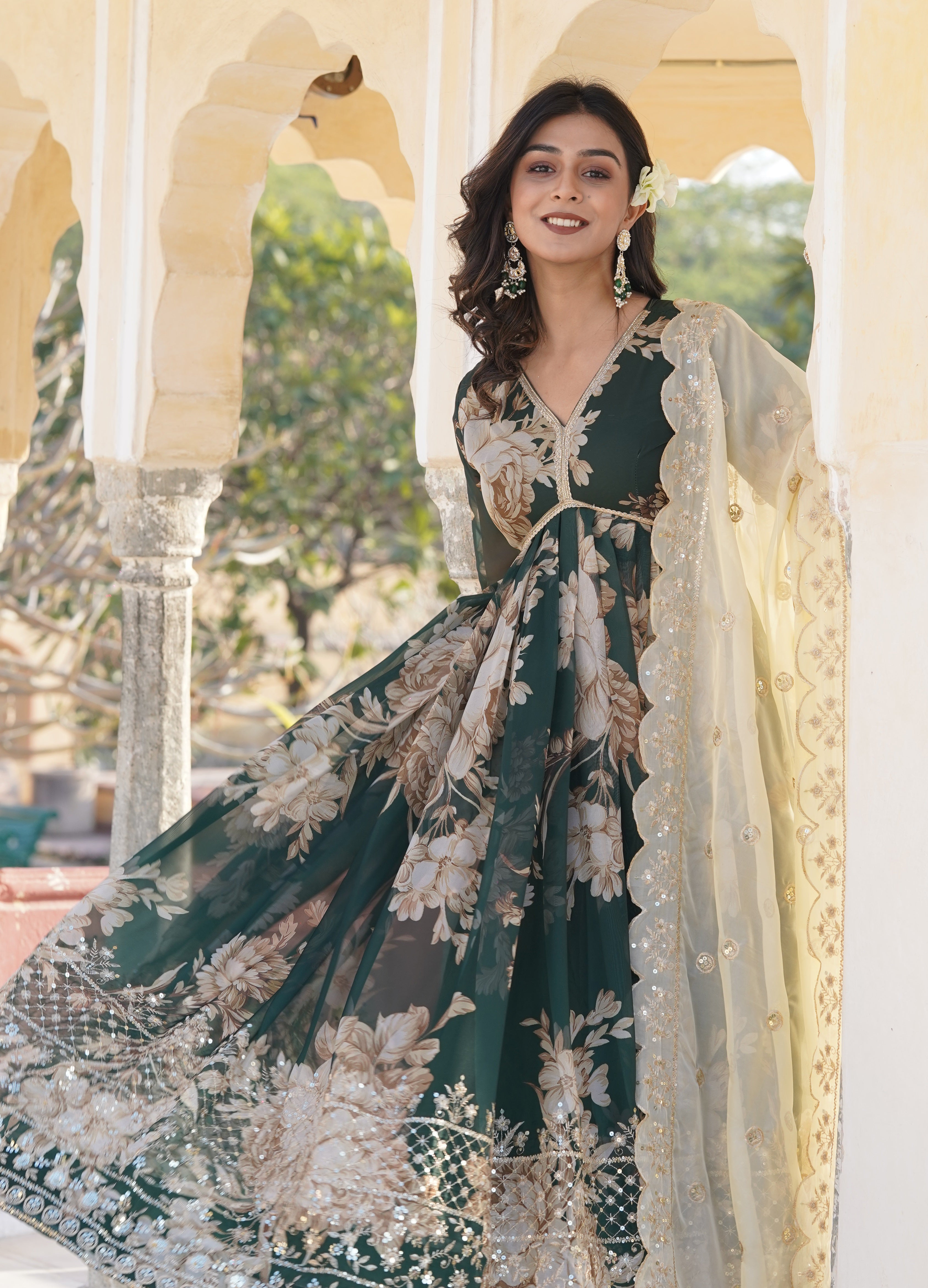 Floral Printed Anarkali Kurta Set with Embroidered Dupatta for Women