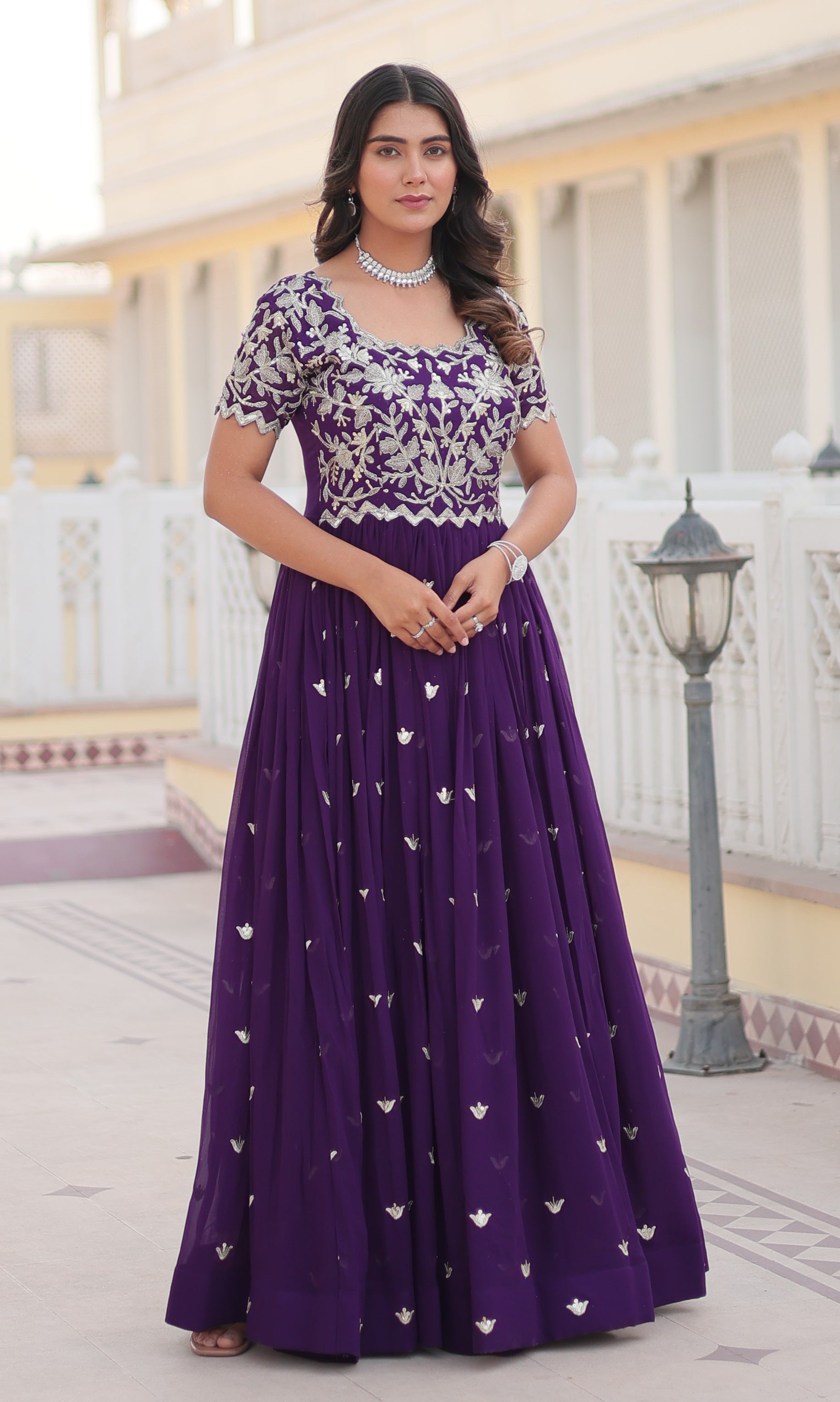 Royal Purple Embroidered Anarkali Gown for Women with Dupatta