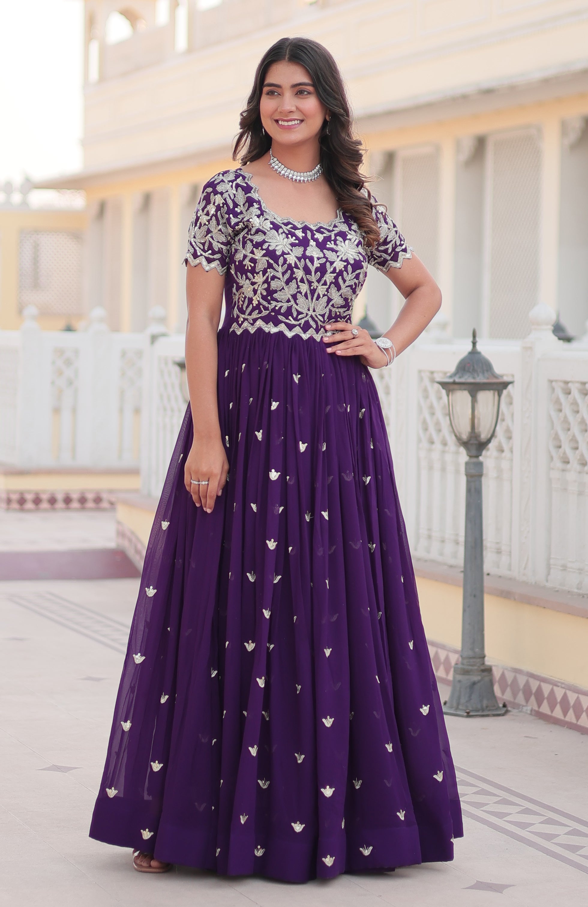 Royal Purple Embroidered Anarkali Gown for Women with Dupatta