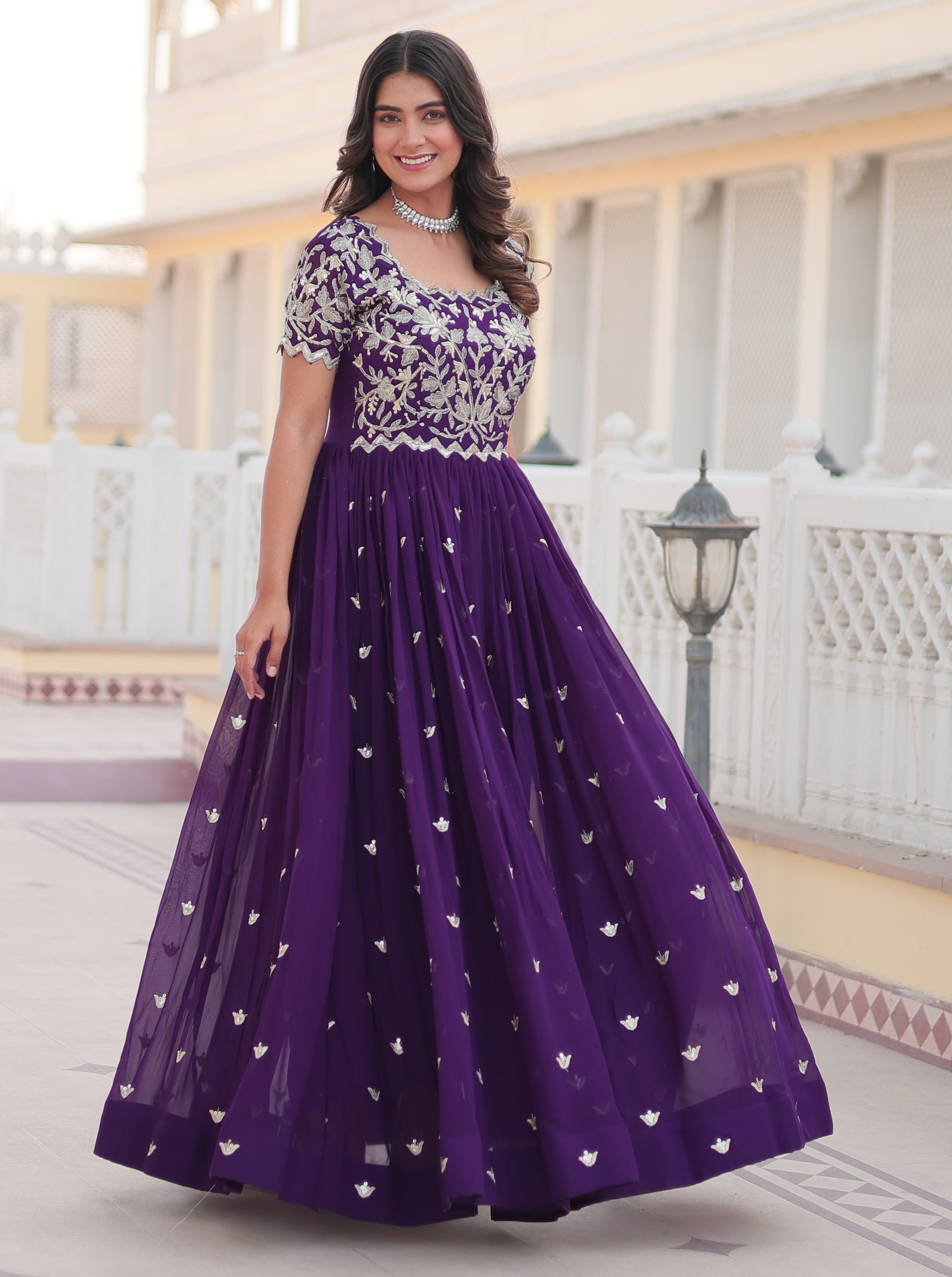 Royal Purple Embroidered Anarkali Gown for Women with Dupatta