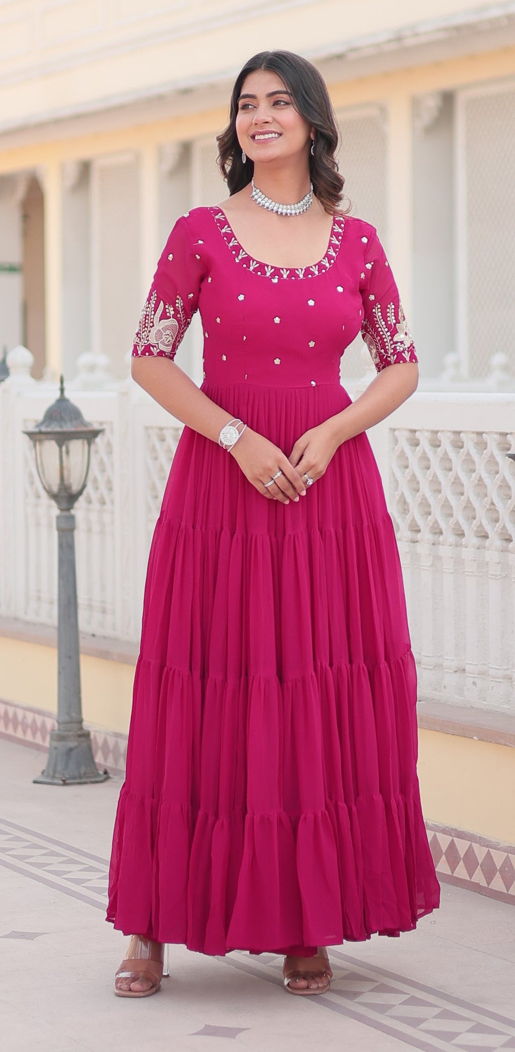 Stunning Rani Pink Tiered Georgette Anarkali Gown with Mirror Work