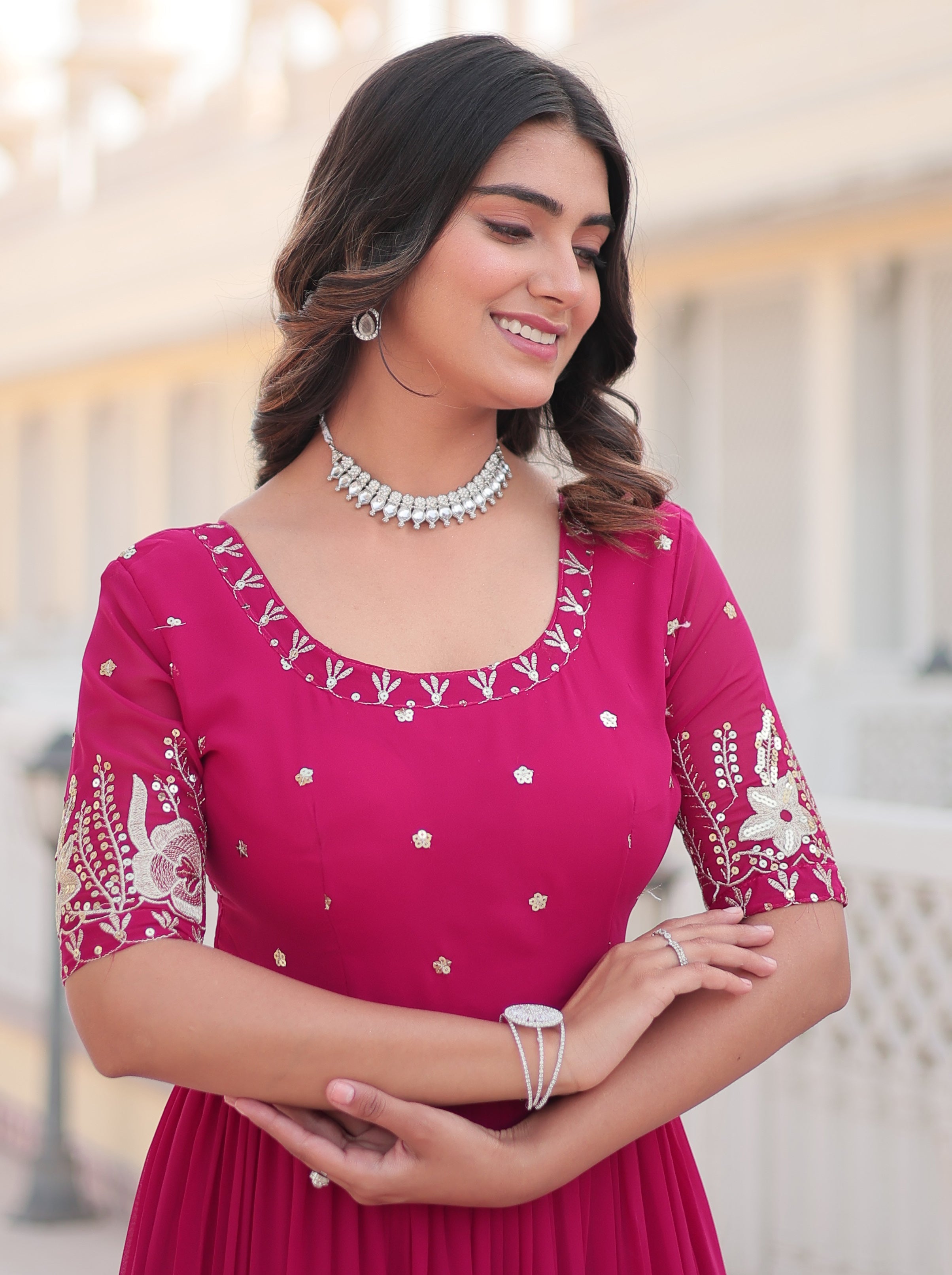 Stunning Rani Pink Tiered Georgette Anarkali Gown with Mirror Work