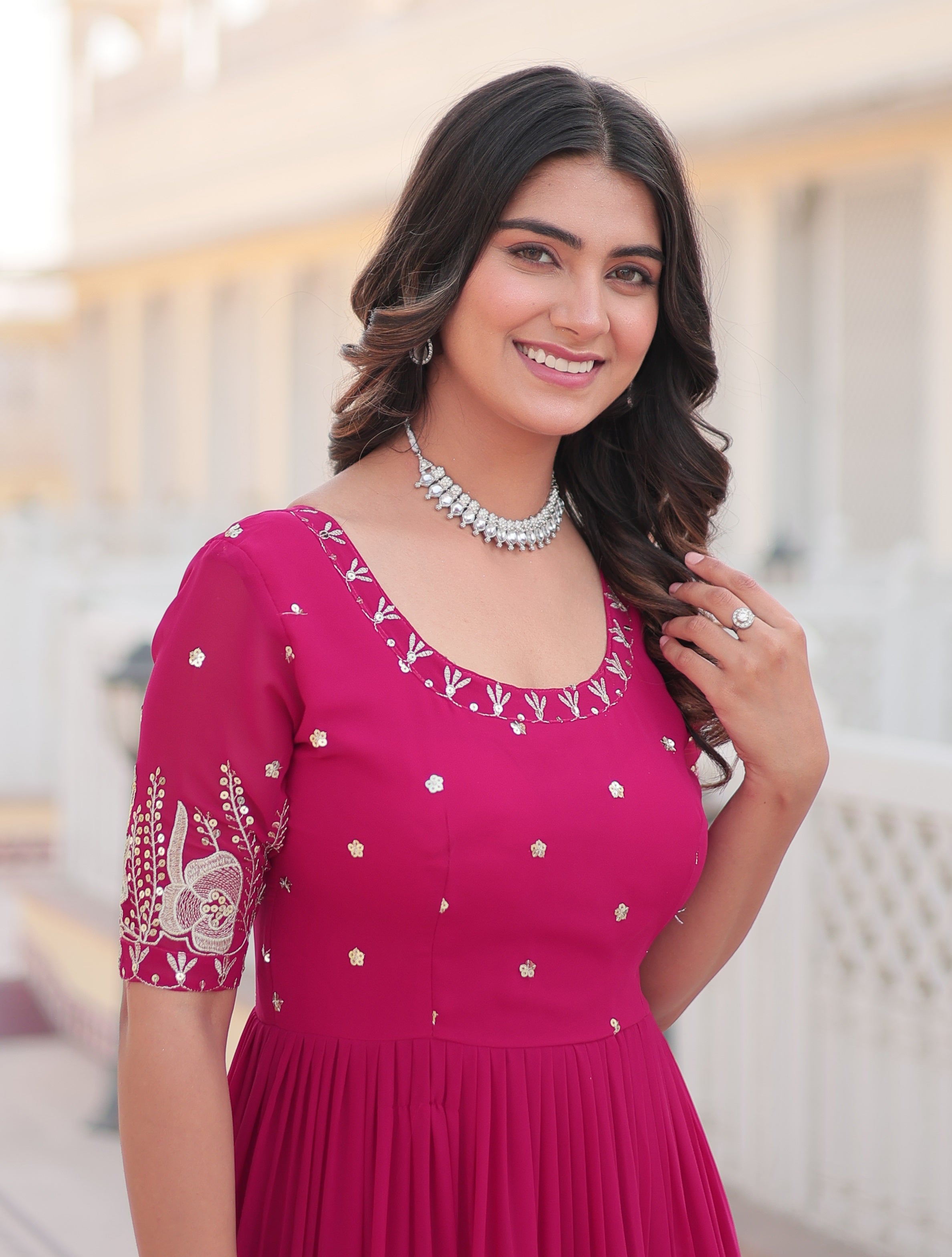Stunning Rani Pink Tiered Georgette Anarkali Gown with Mirror Work